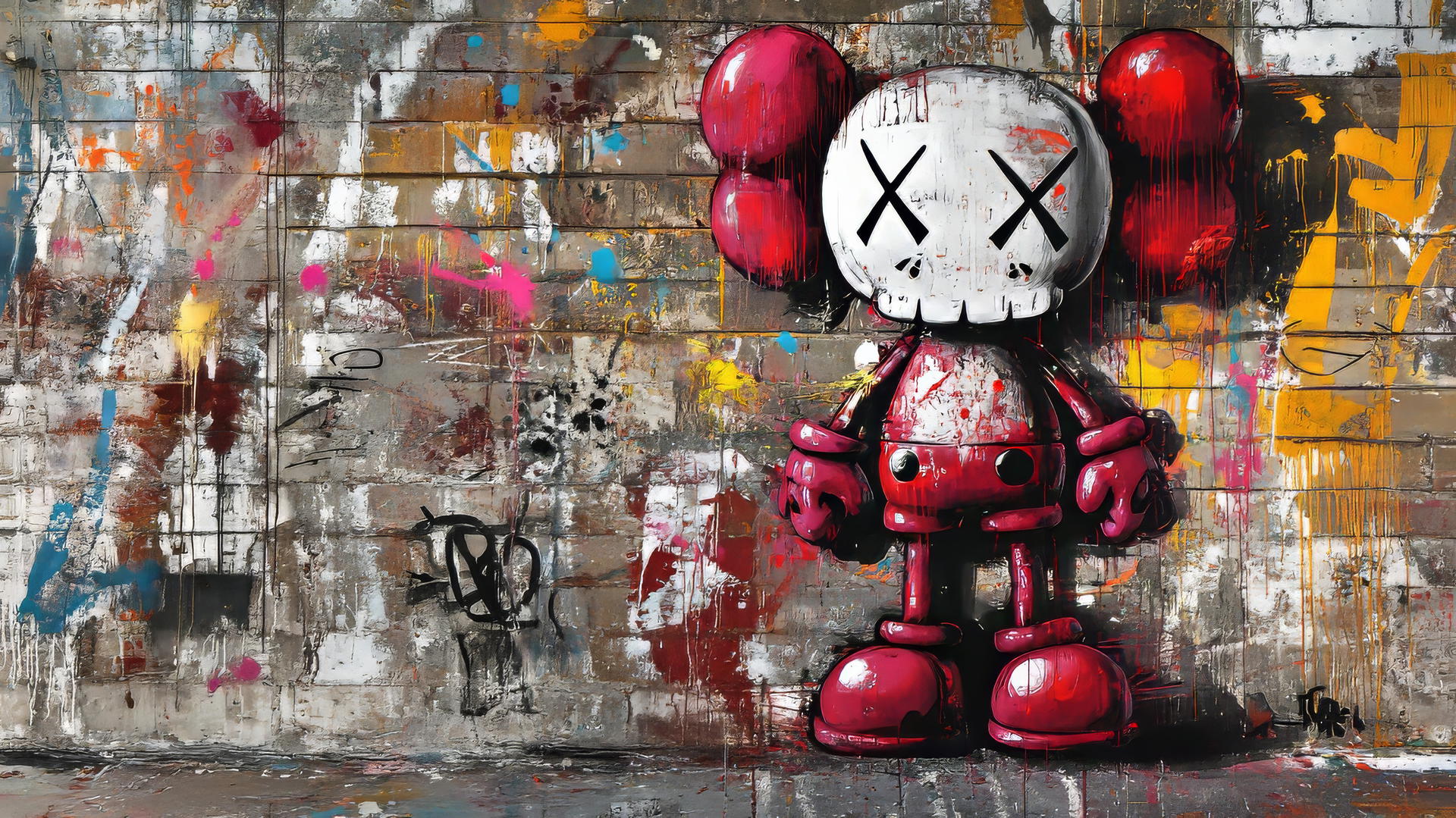 Kaws artwork graffiti on grungy brick wall with paint splashes
