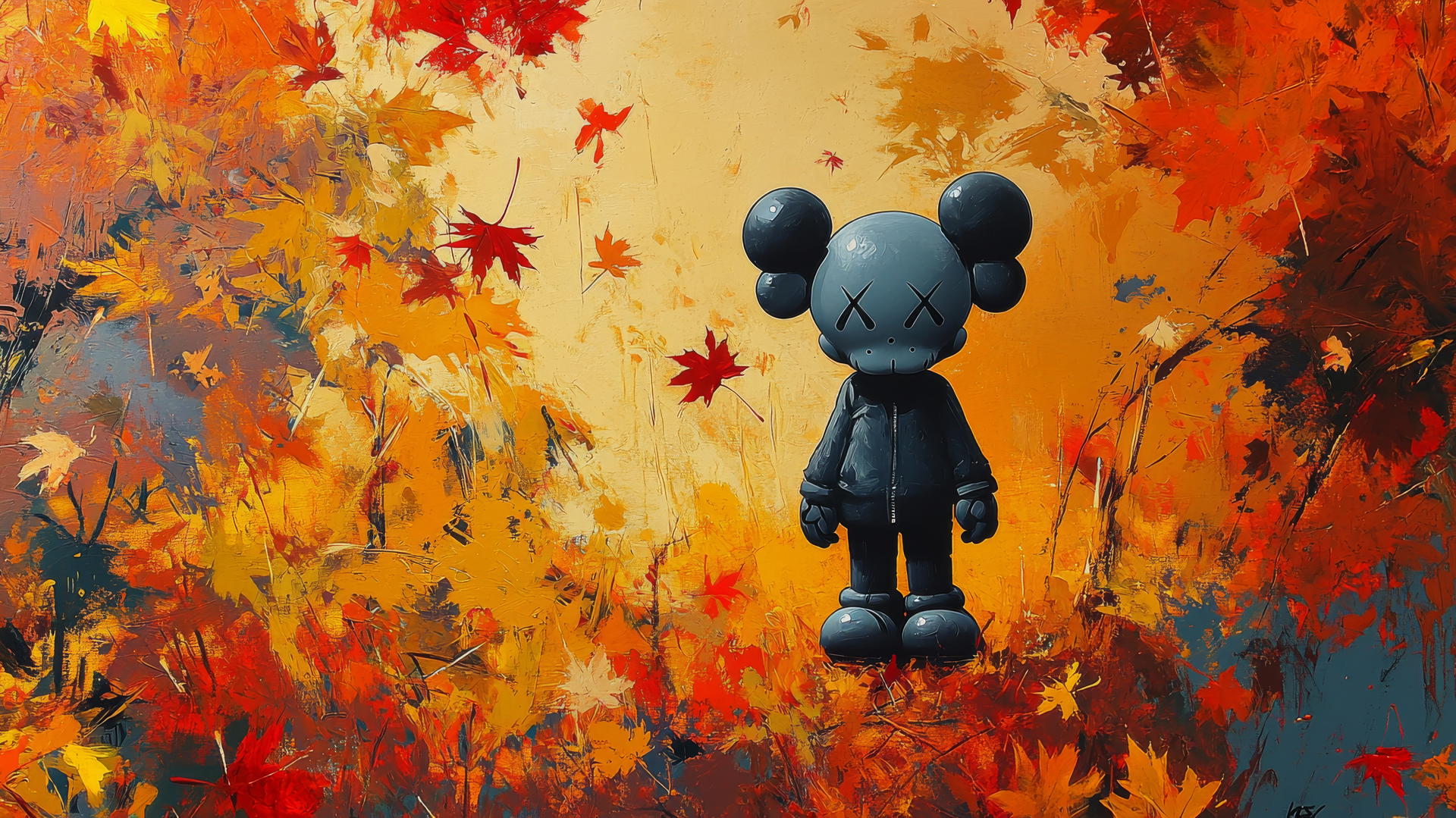 Kaws artwork with Companion in a vivid autumn landscape, impressionistic style