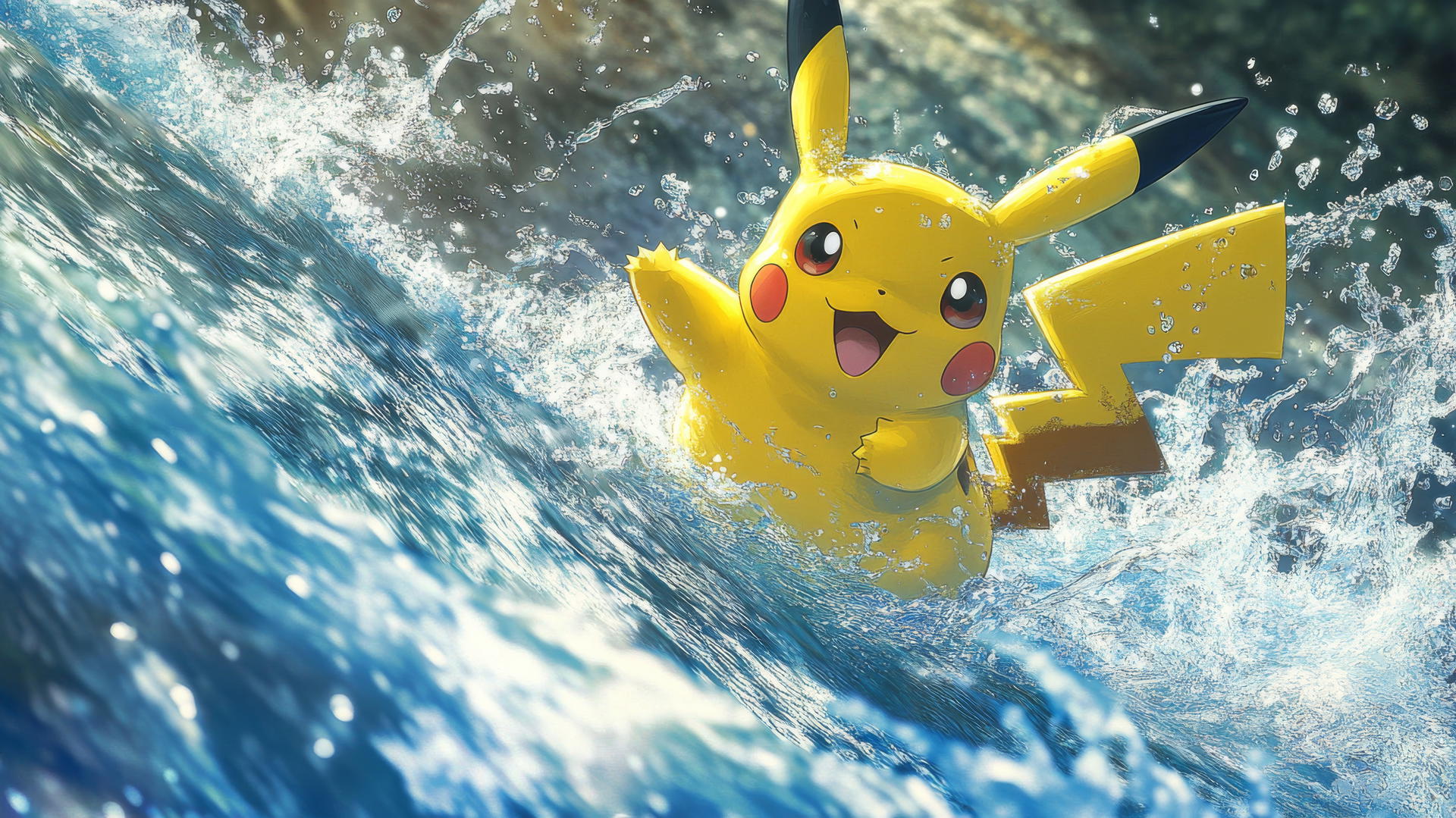 Pikachu leaping over a rushing river with water splashing