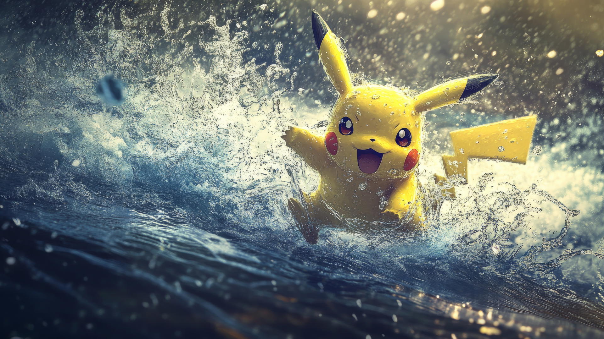Pikachu performing a dramatic leap over a rushing river