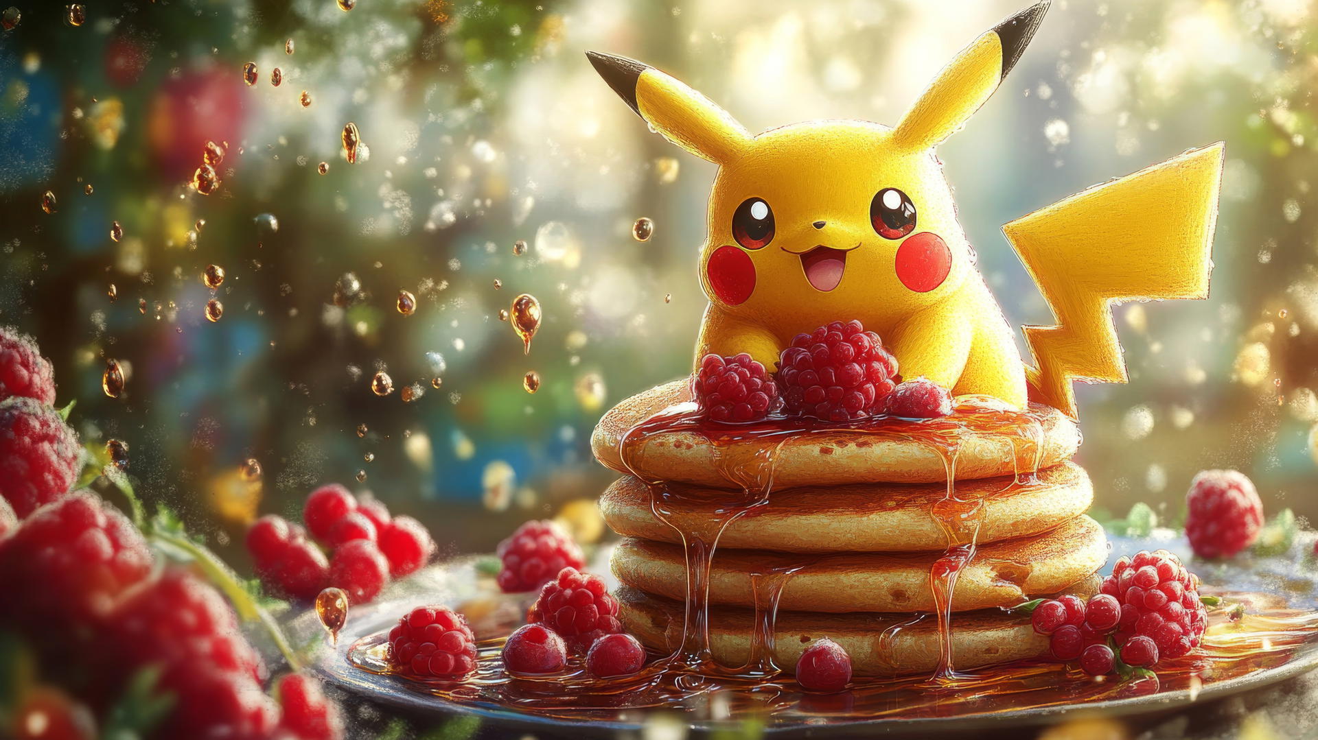 Fat Pikachu sitting on pancakes with syrup and berries