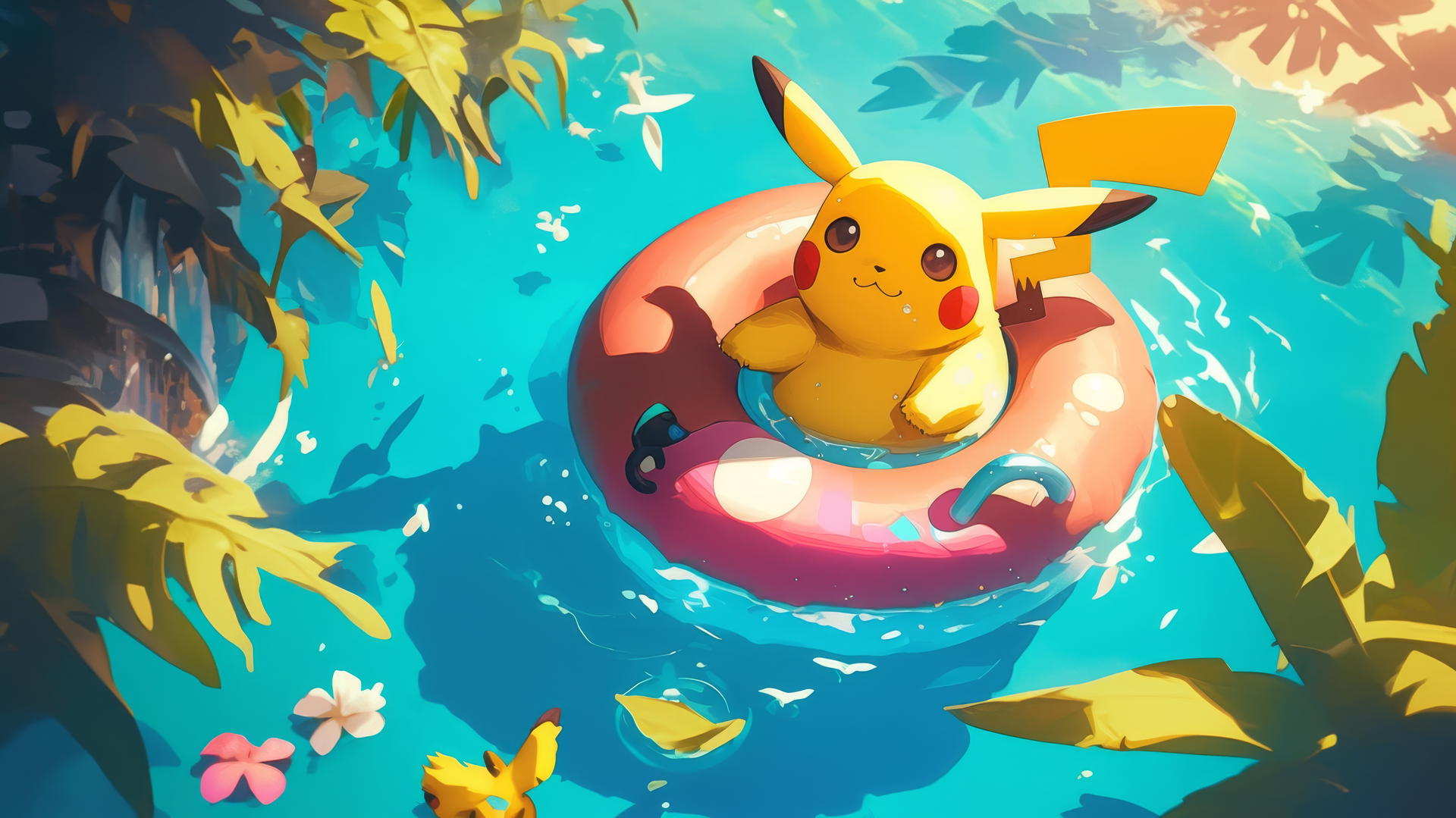 Fat Pikachu floating in pool with giant inflatable donut, tropical plants