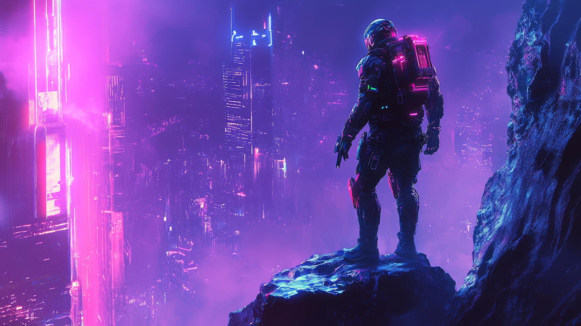Futuristic soldier with cybernetic enhancements on cliff overlooking a neon city, cool wallpapers for boys.