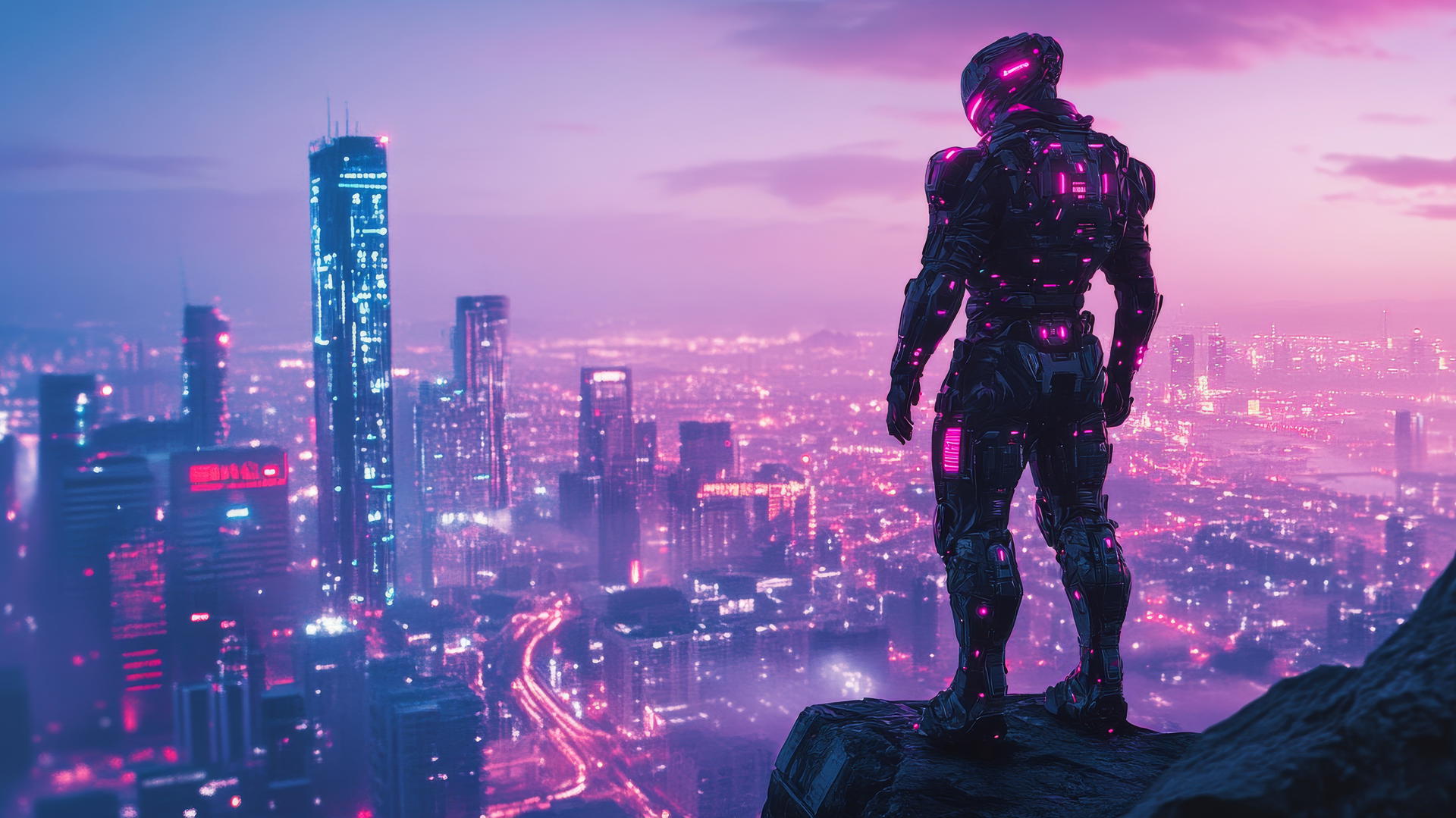 Futuristic soldier in full body armor with cybernetic enhancements overlooking neon-lit city, cool wallpapers for boys