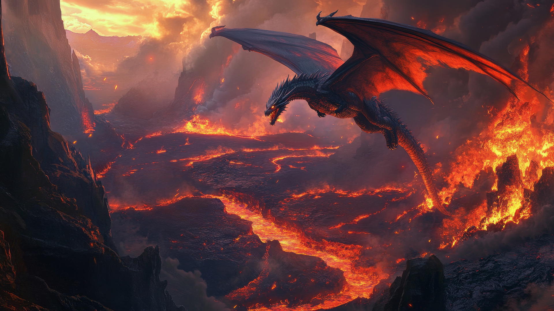 cool wallpapers for boys with a powerful dragon above a volcanic landscape with lava rivers