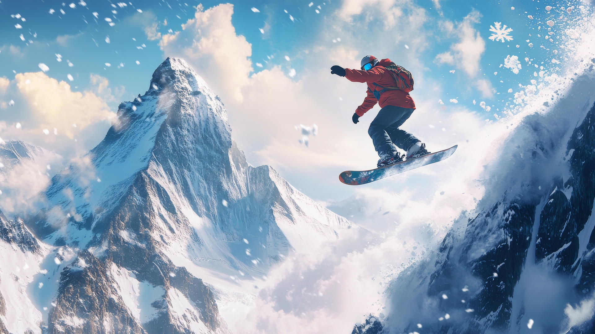 Fearless snowboarder jumping off a snowy mountain peak, cool wallpapers for boys
