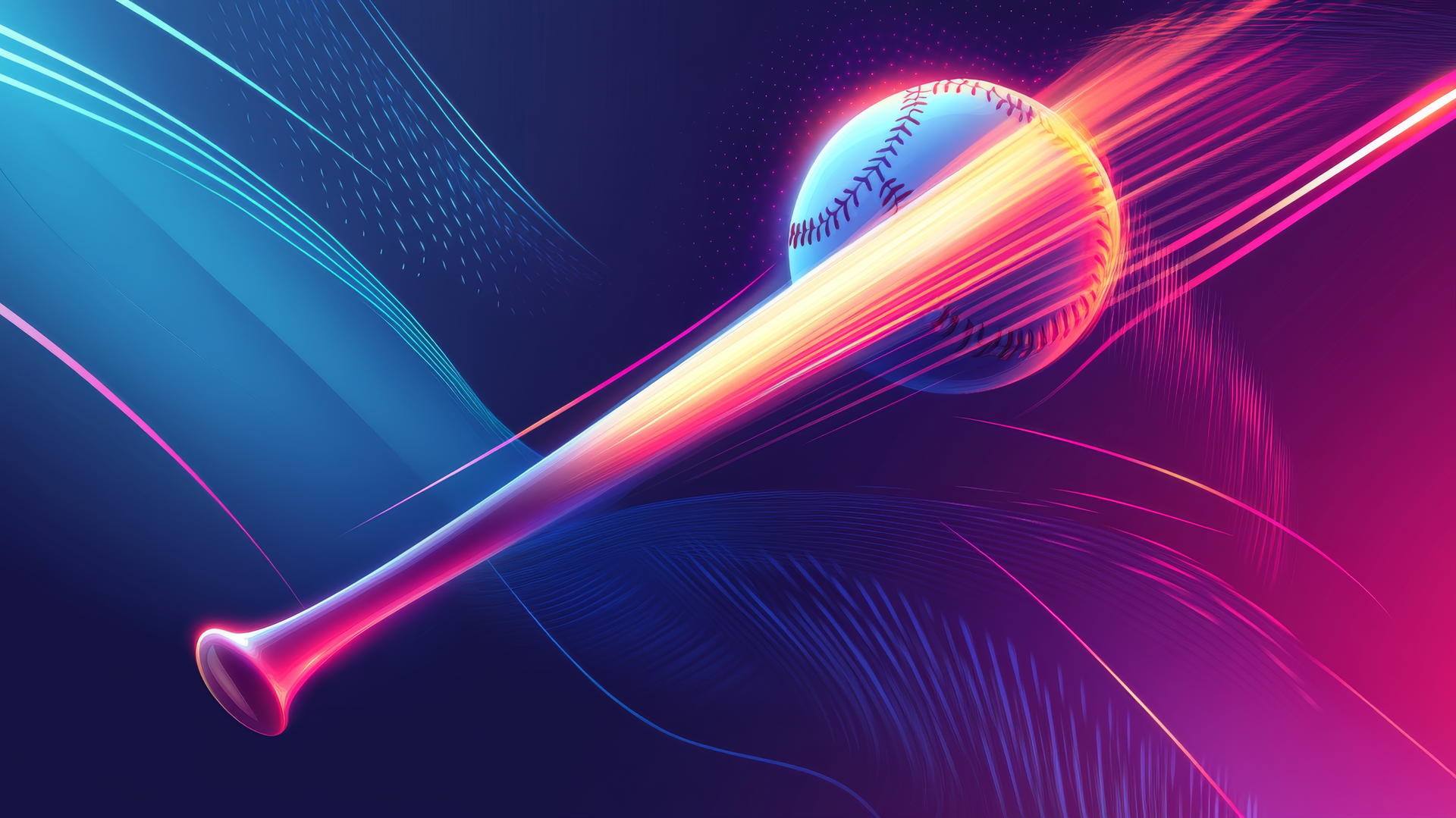 glowing baseball bat and ball crossing paths with neon motion lines on dark gradient