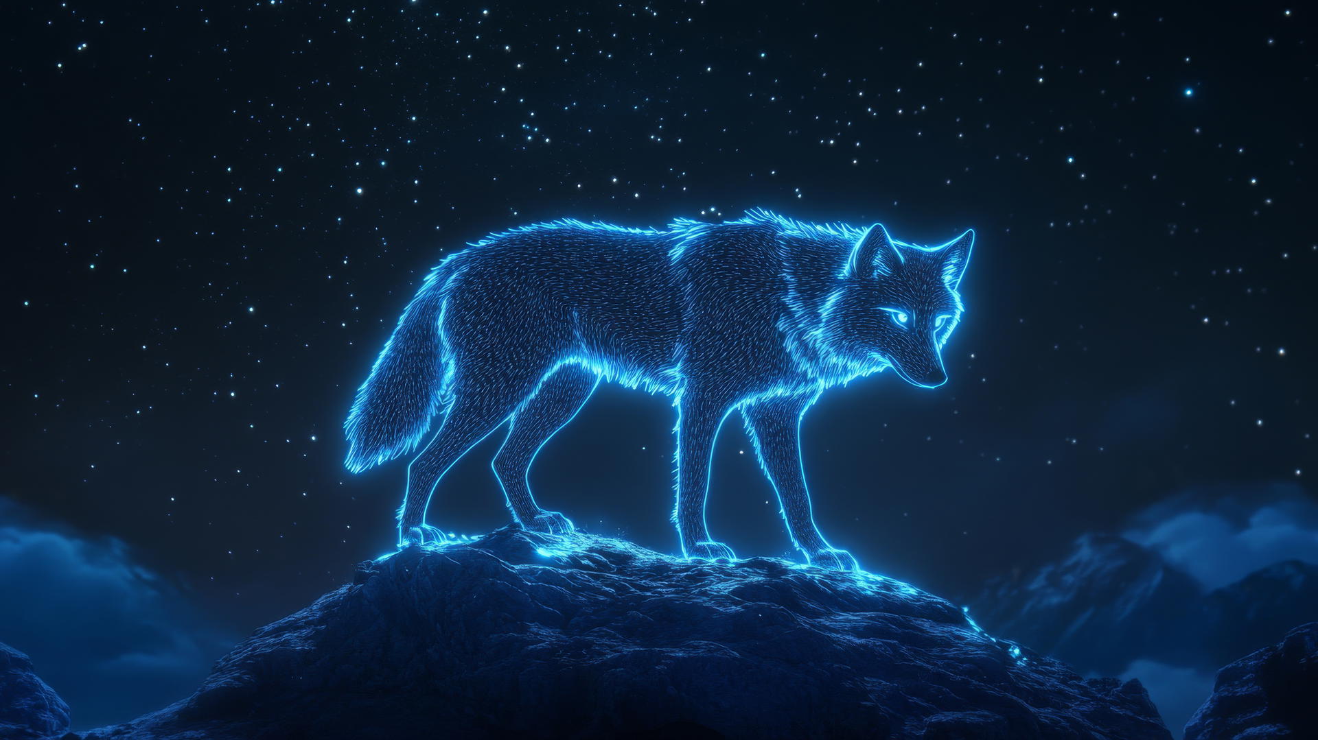 Glowing outline of a wolf on a mountain peak under a starry sky.
