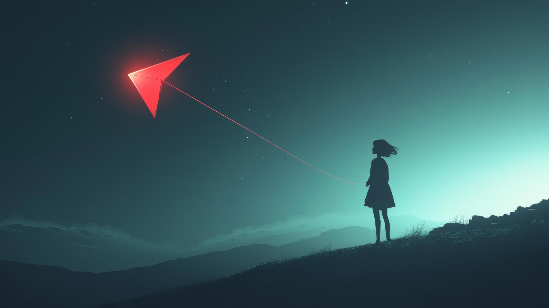 Girl flying a glowing kite with light streaks in the sky