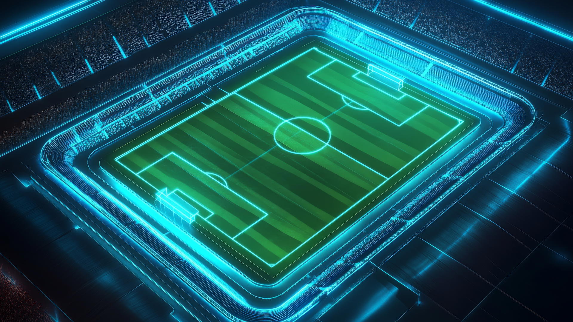 Geometric rendering of soccer stadium from above with glowing pitch lines