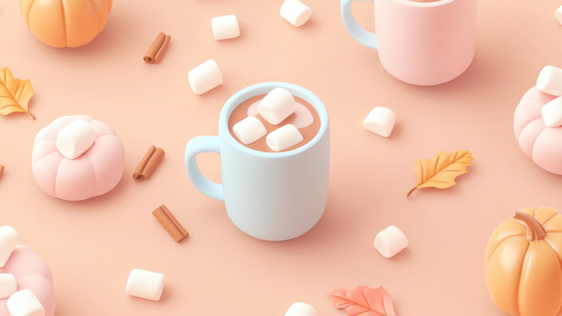 Pastel mugs and autumn elements on brown background