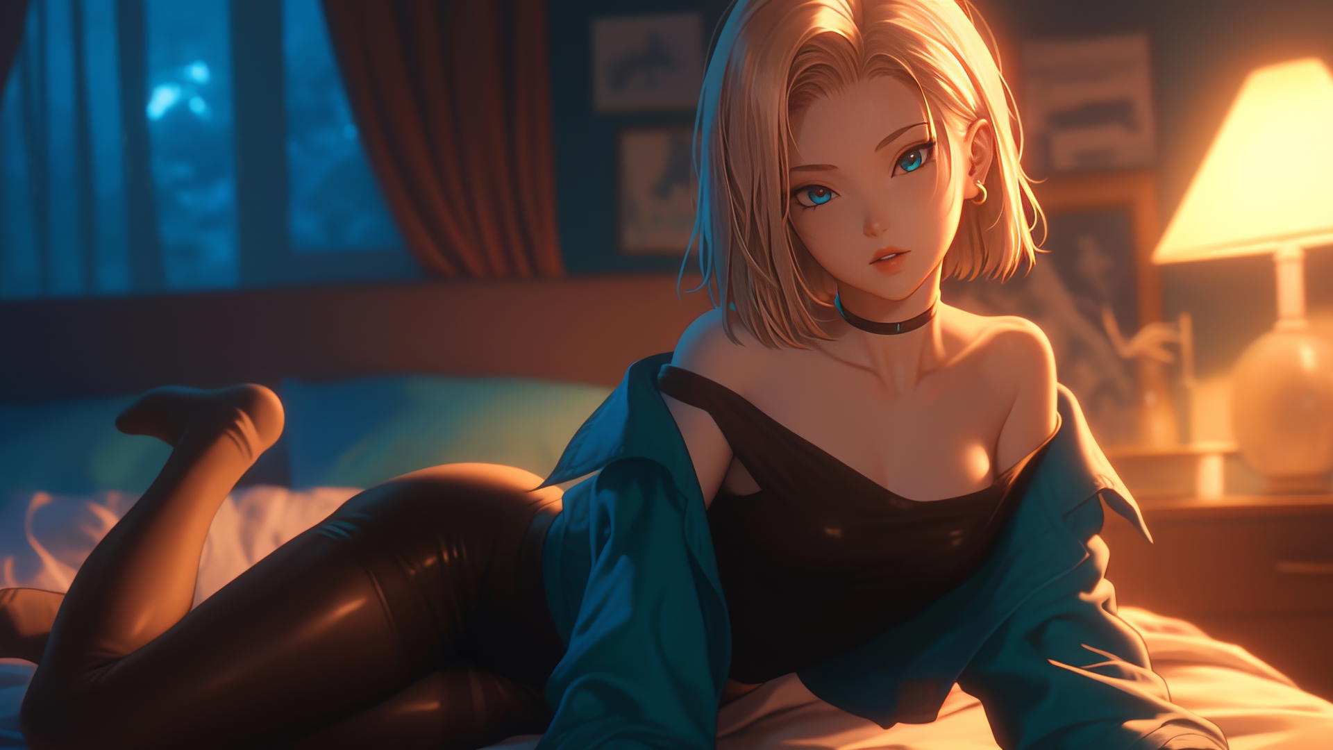 Android 18 on all fours in a modern hotel
