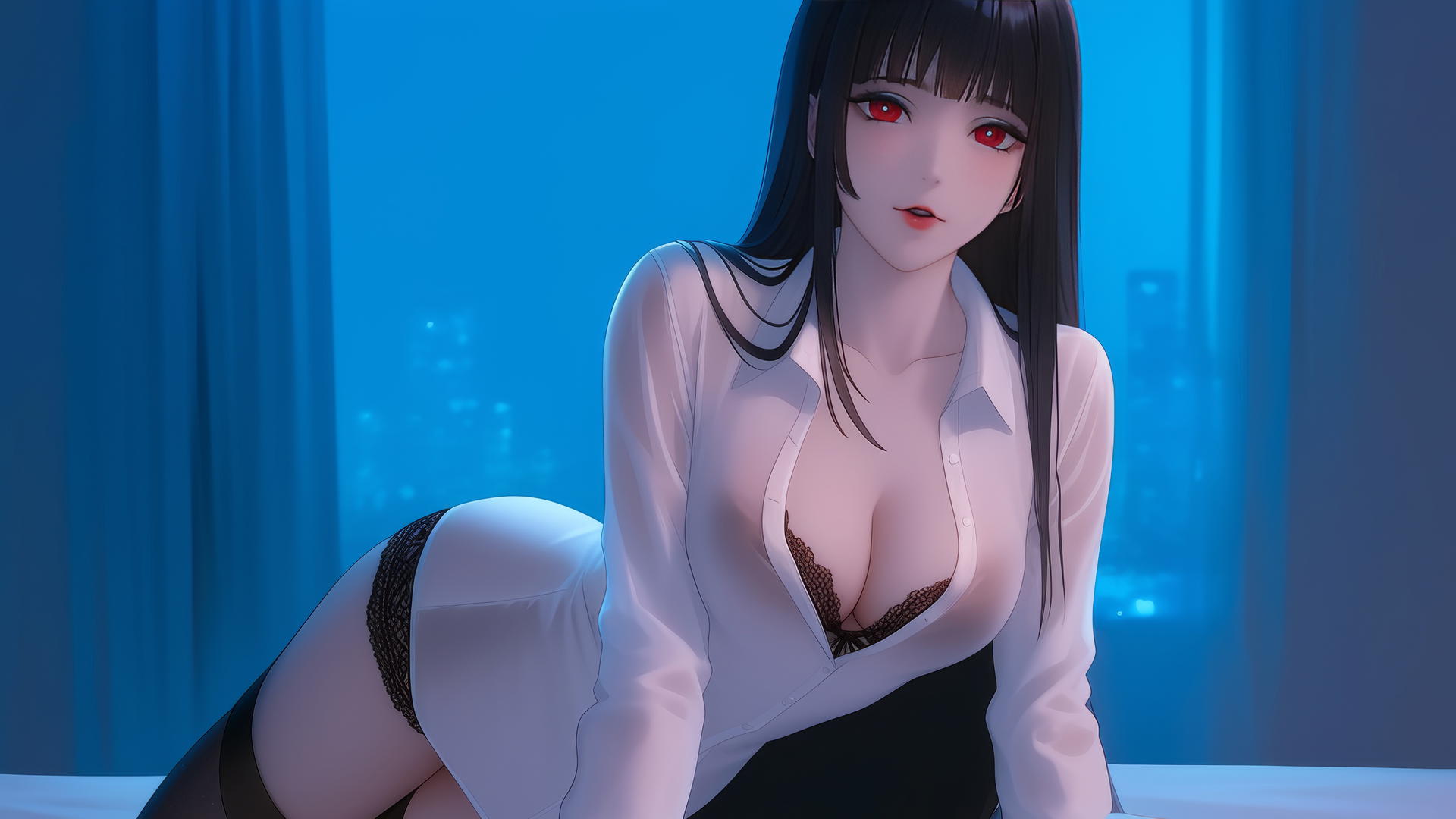 Yumeko Jabami kneeling in a modern hotel room