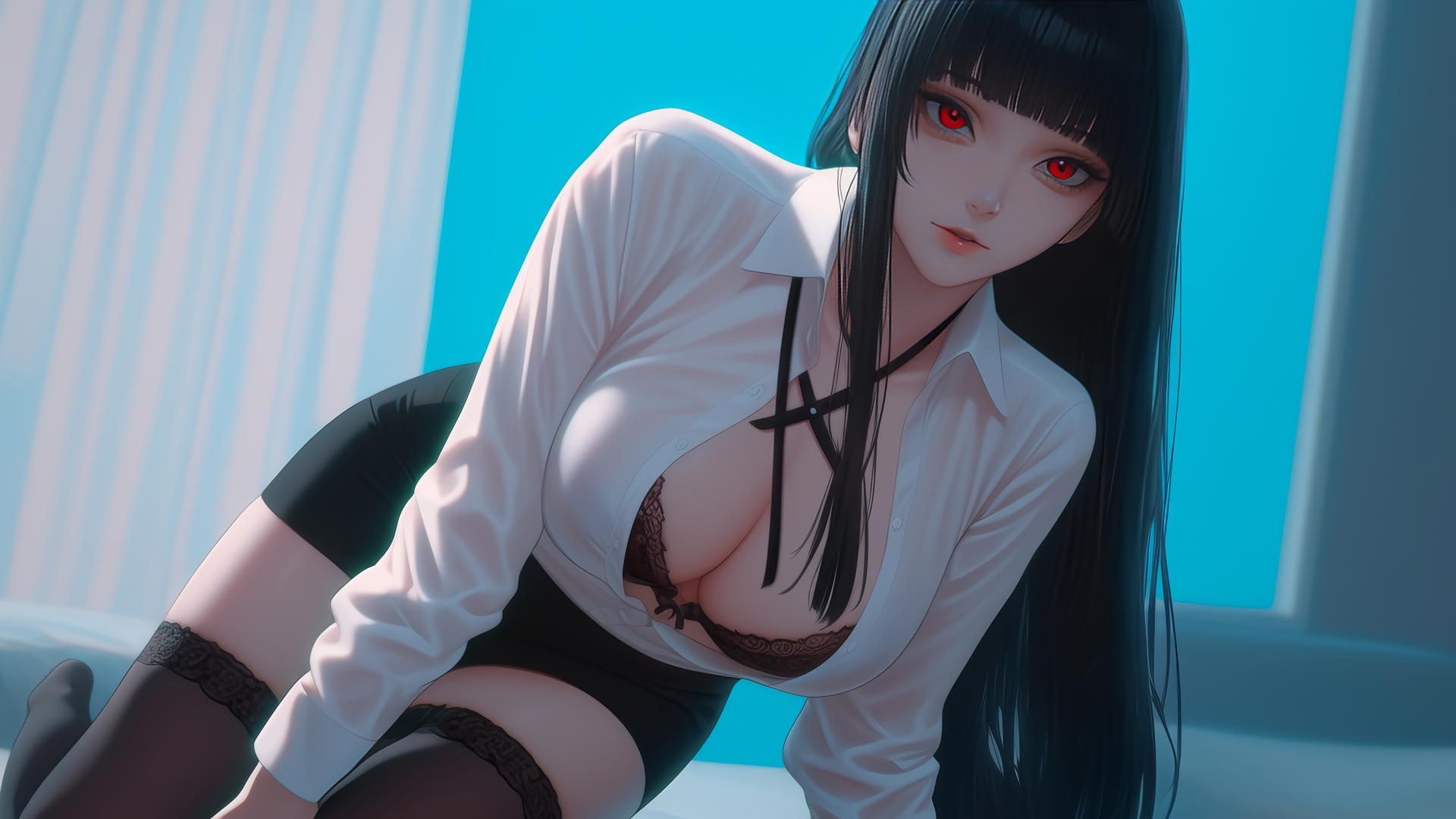 Yumeko Jabami kneeling in a modern hotel room