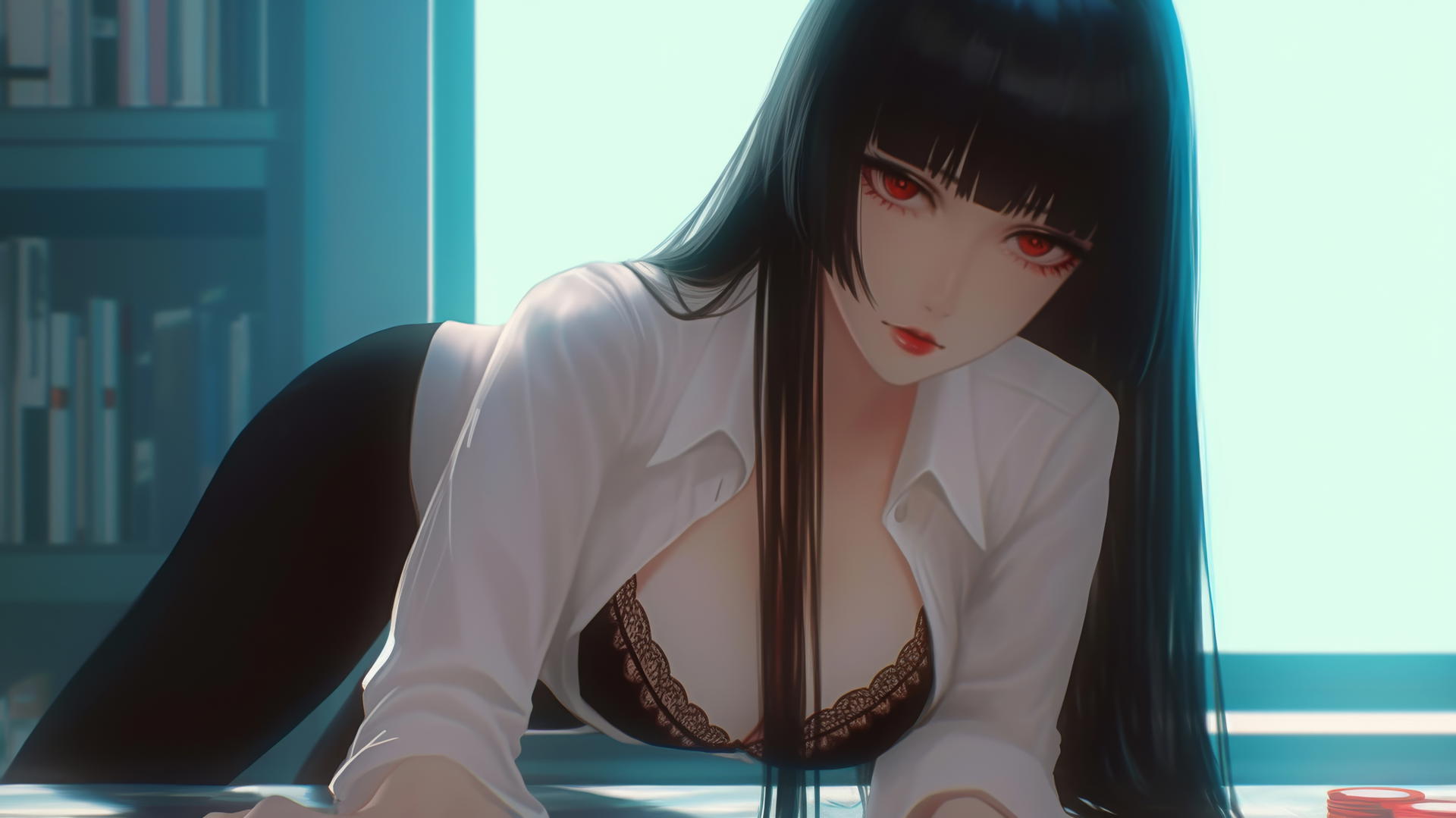 Yumeko Jabami kneeling in a hotel room
