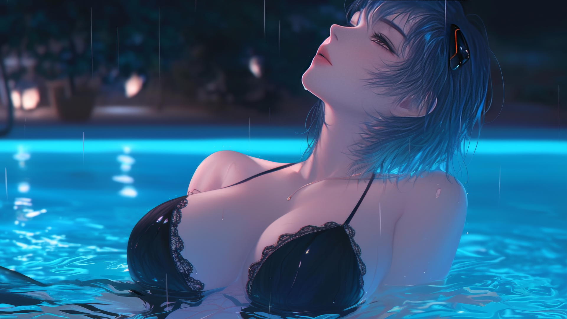 Rei Ayanami by a rainy pool, moonlit, in black semi-gloss shirt