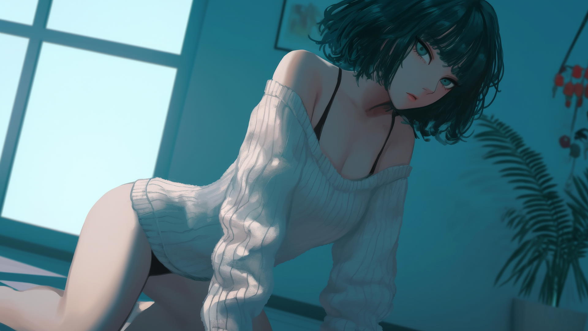 Fubuki kneeling in a modern hotel with broken sweater
