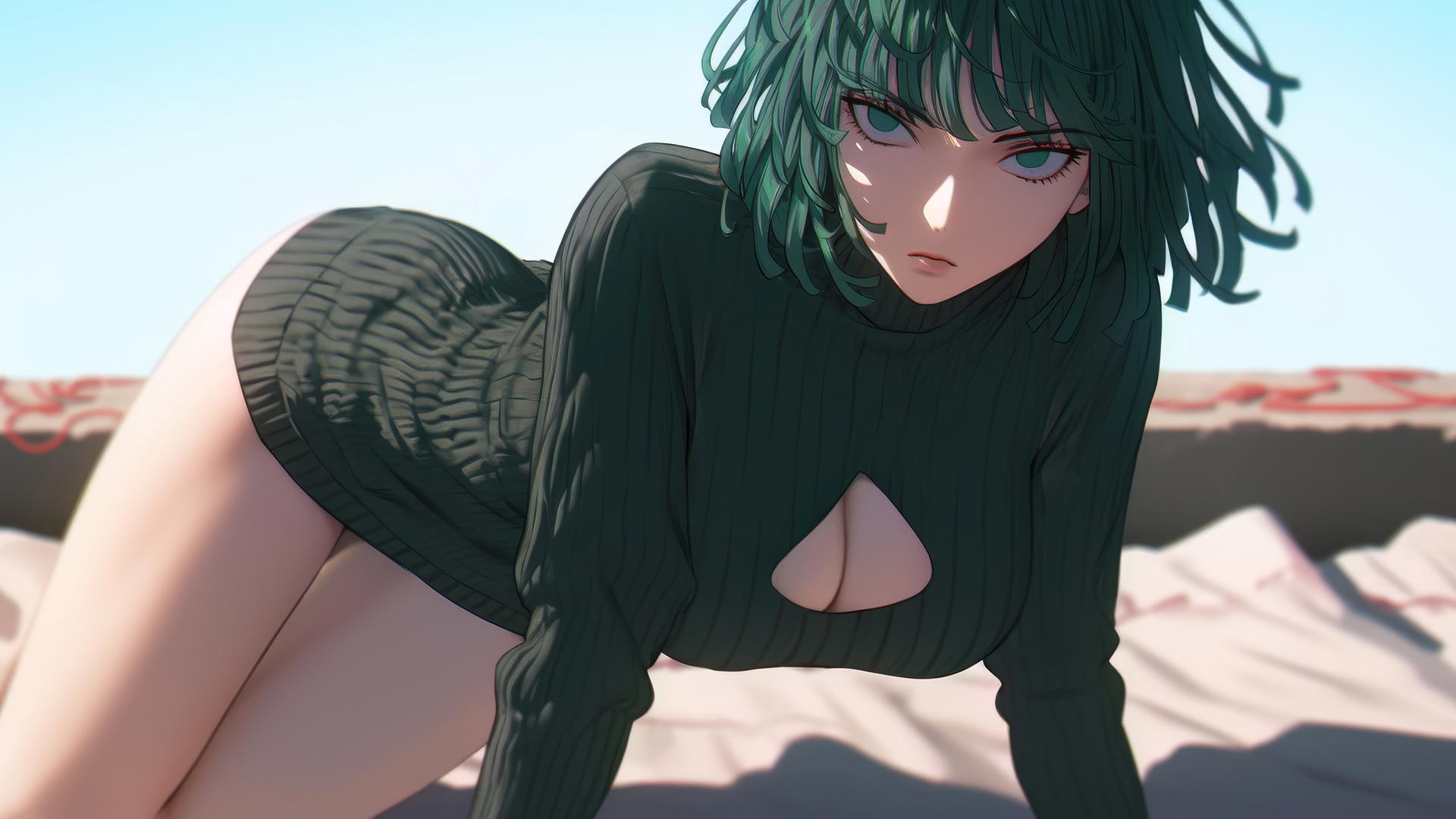 Fubuki kneeling in hotel with broken sweater