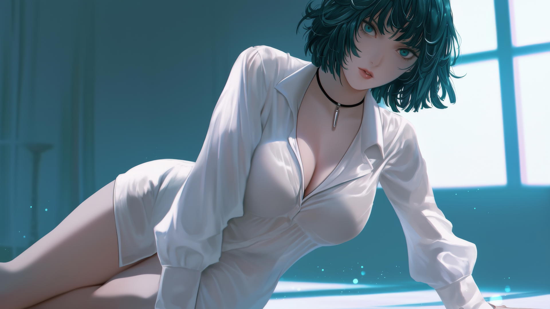 Fubuki kneeling in hotel with green hair