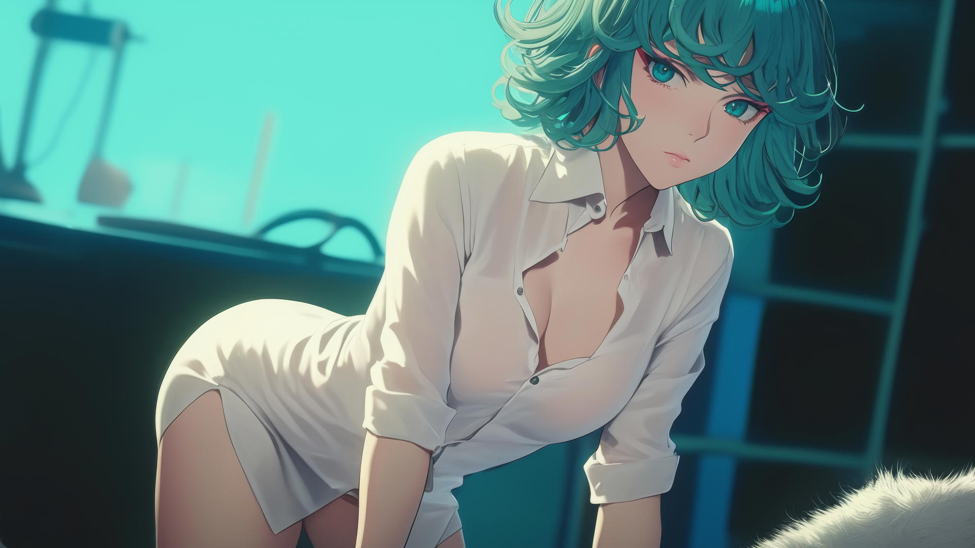 Fubuki kneeling in modern hotel, wearing white shirt