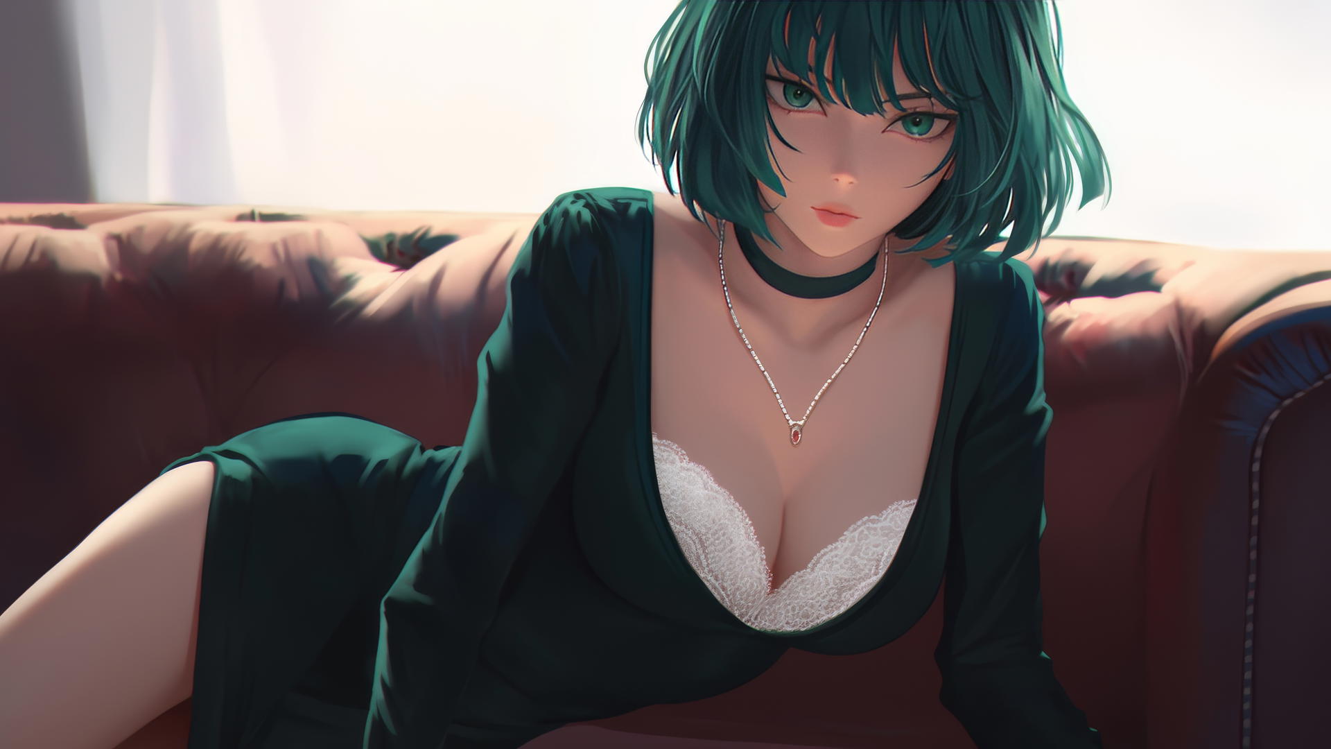 Fubuki from One Punch Man kneeling in hotel with short green hair
