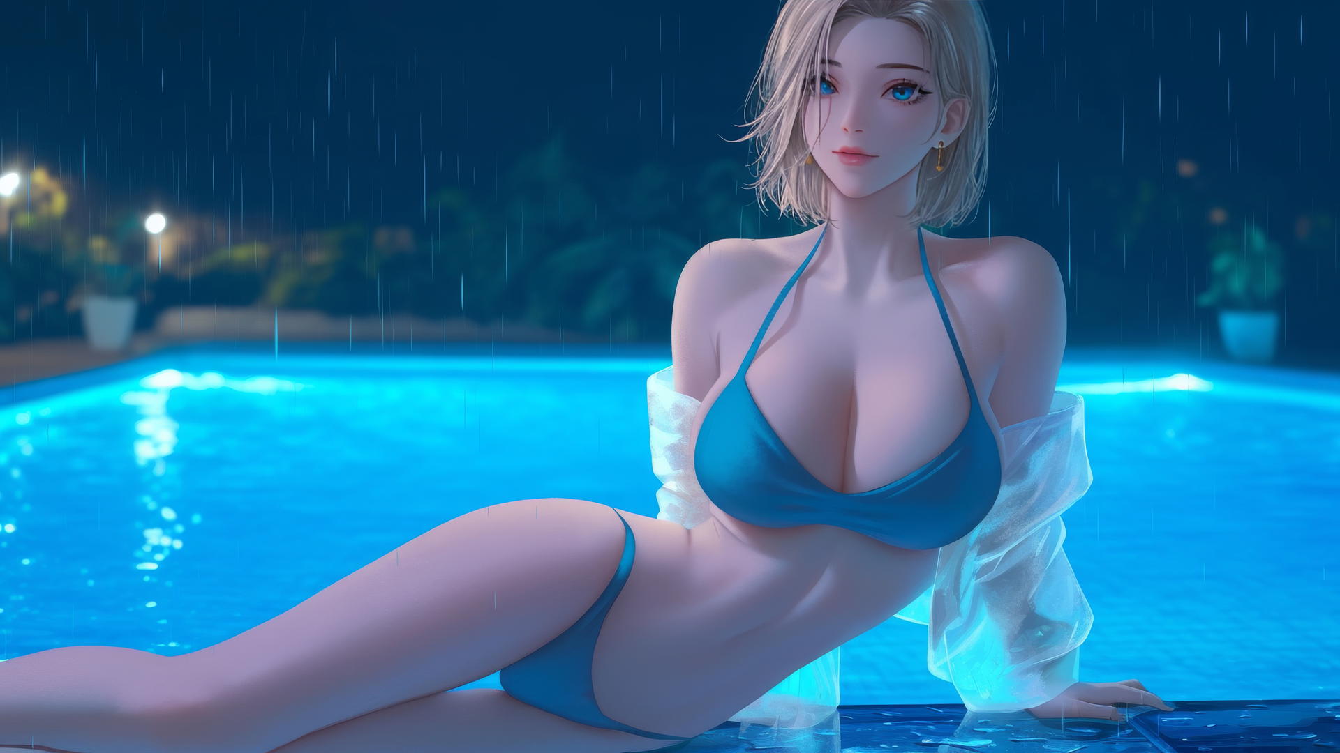 Android 18 resting by rainy pool, moonlit, short blonde hair.