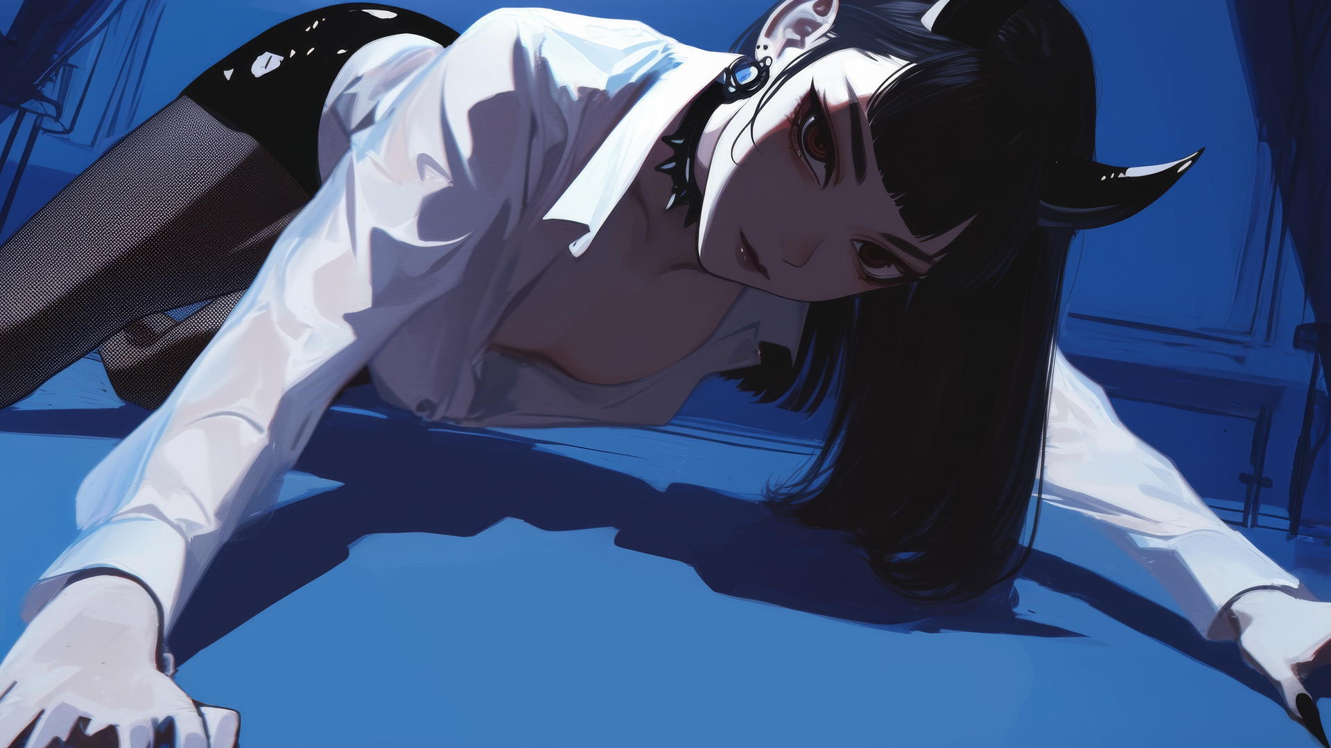 Demon girl in white shirt kneeling at modern hotel