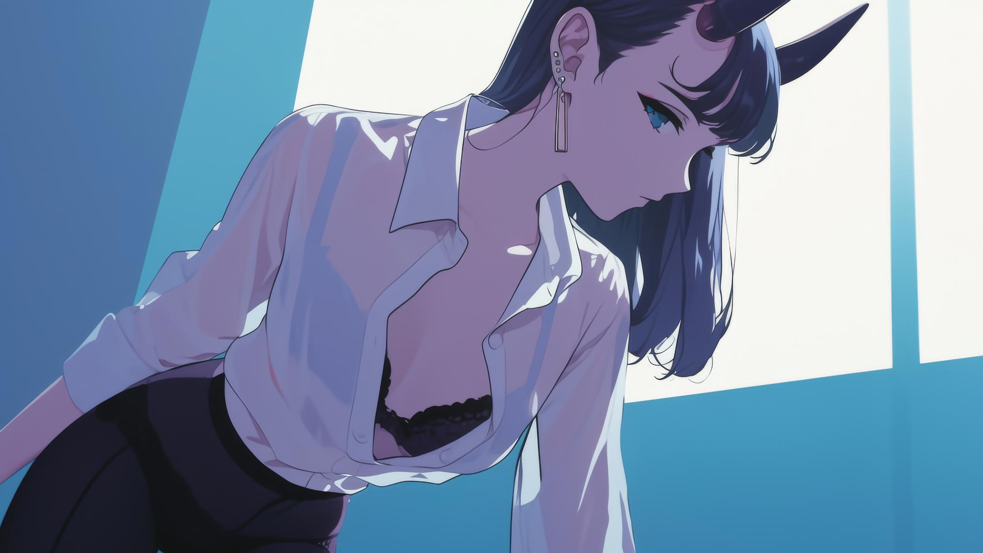 Demon girl kneeling on floor in modern hotel