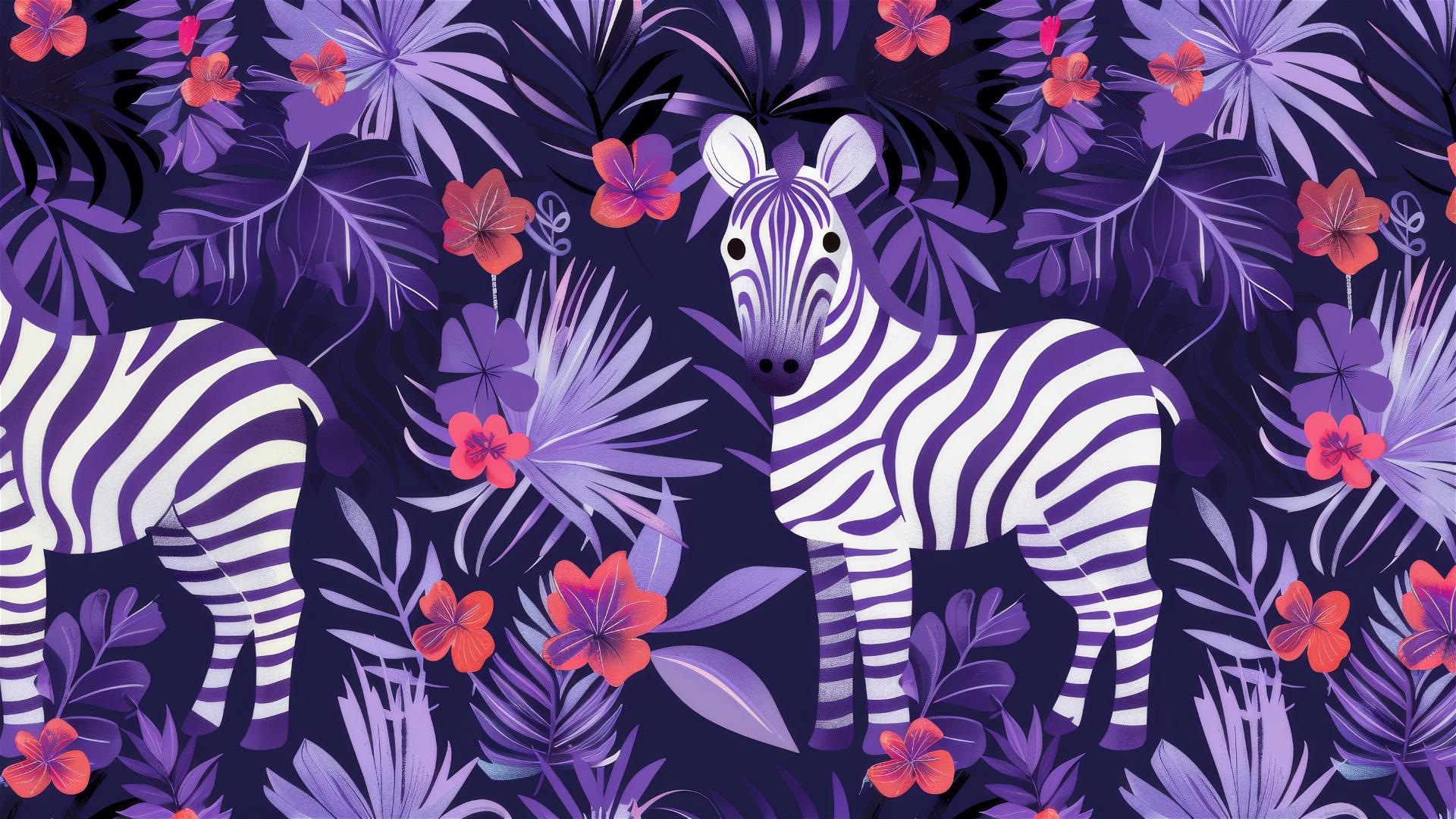 Malika Favre-inspired pattern with zebras, palm leaves, and flowers in purple and dark blue.