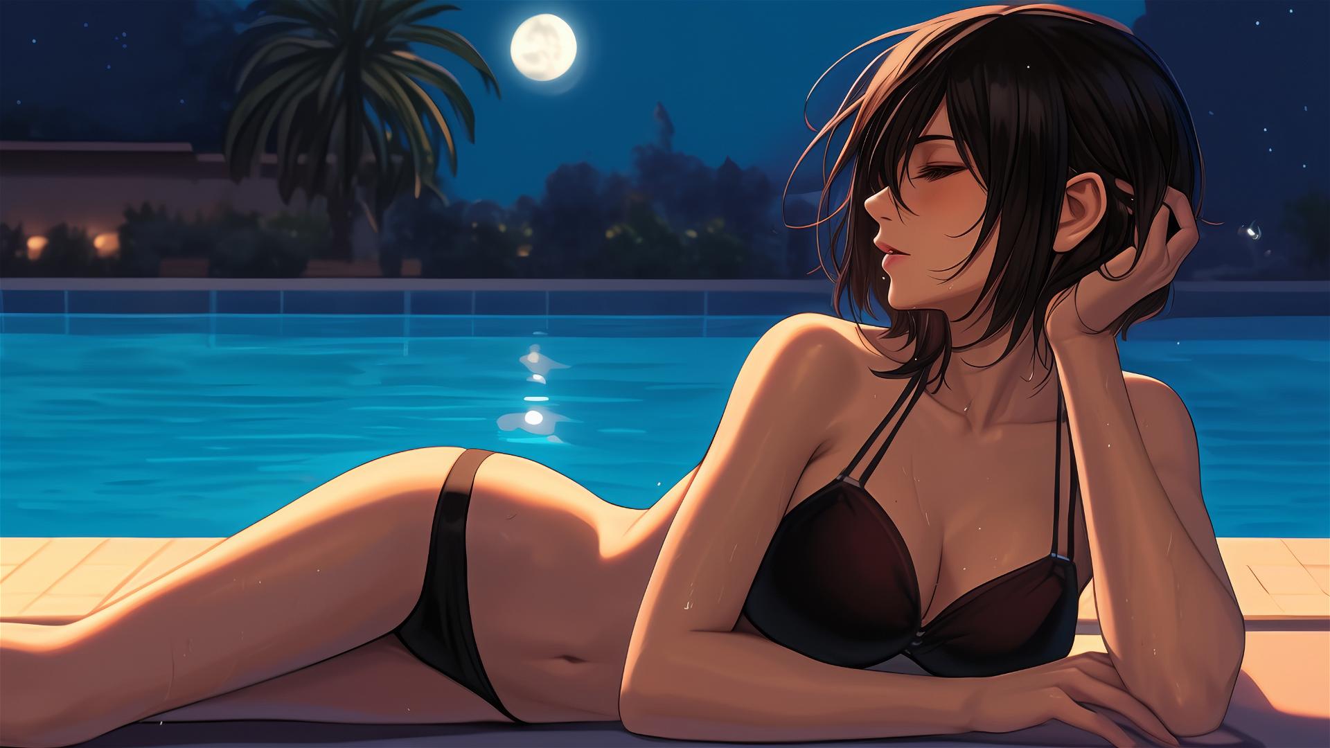 Mikasa Ackerman resting by pool with moonlight glow