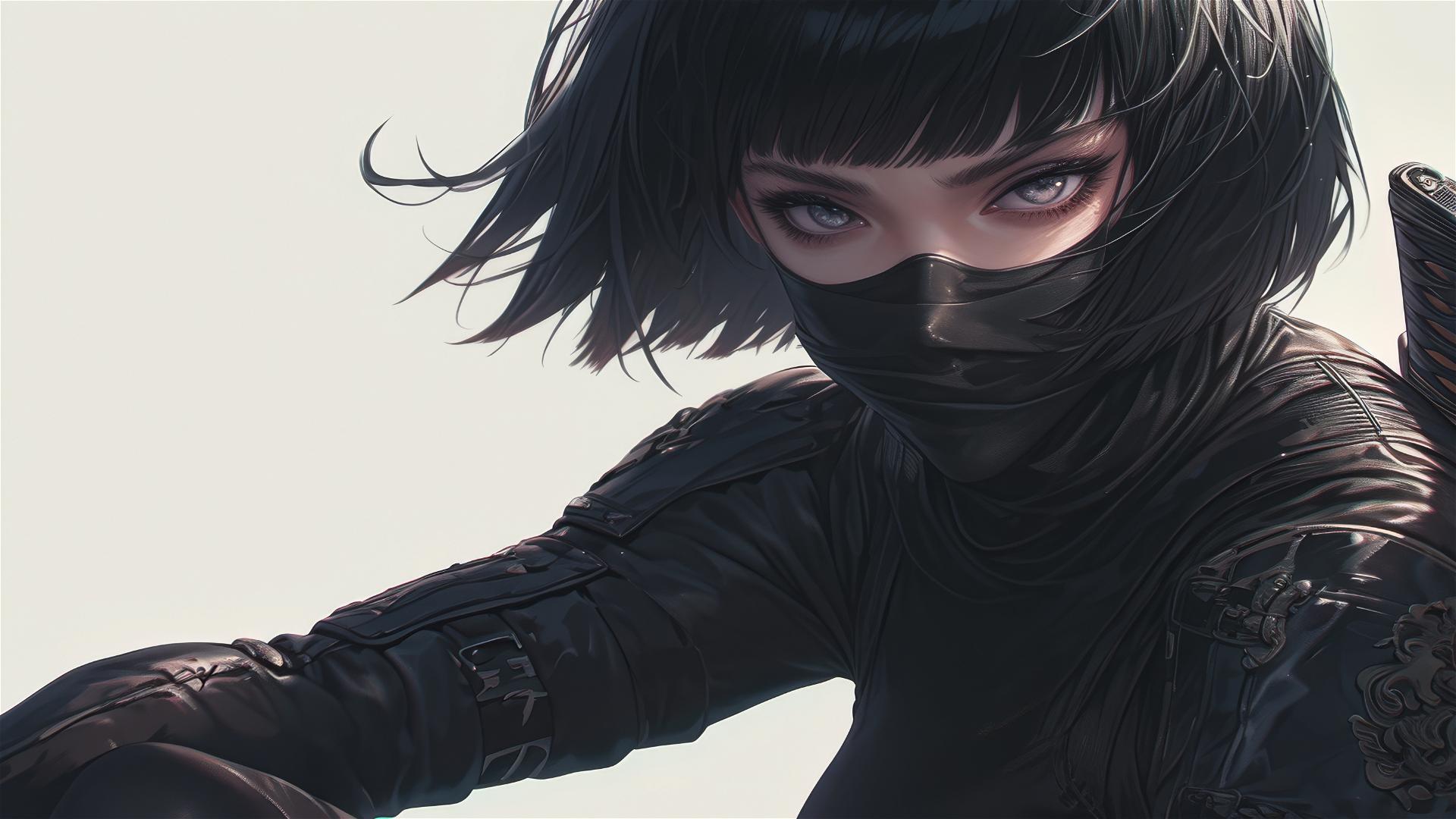 Ninja girl with short hair and masked face in dynamic pose with thigh focus under a spotlight on dark background