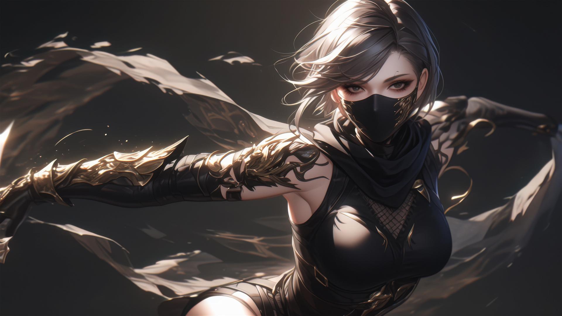 Ninja girl with dark mask and short hair in a dynamic pose with a thigh focus under spotlight