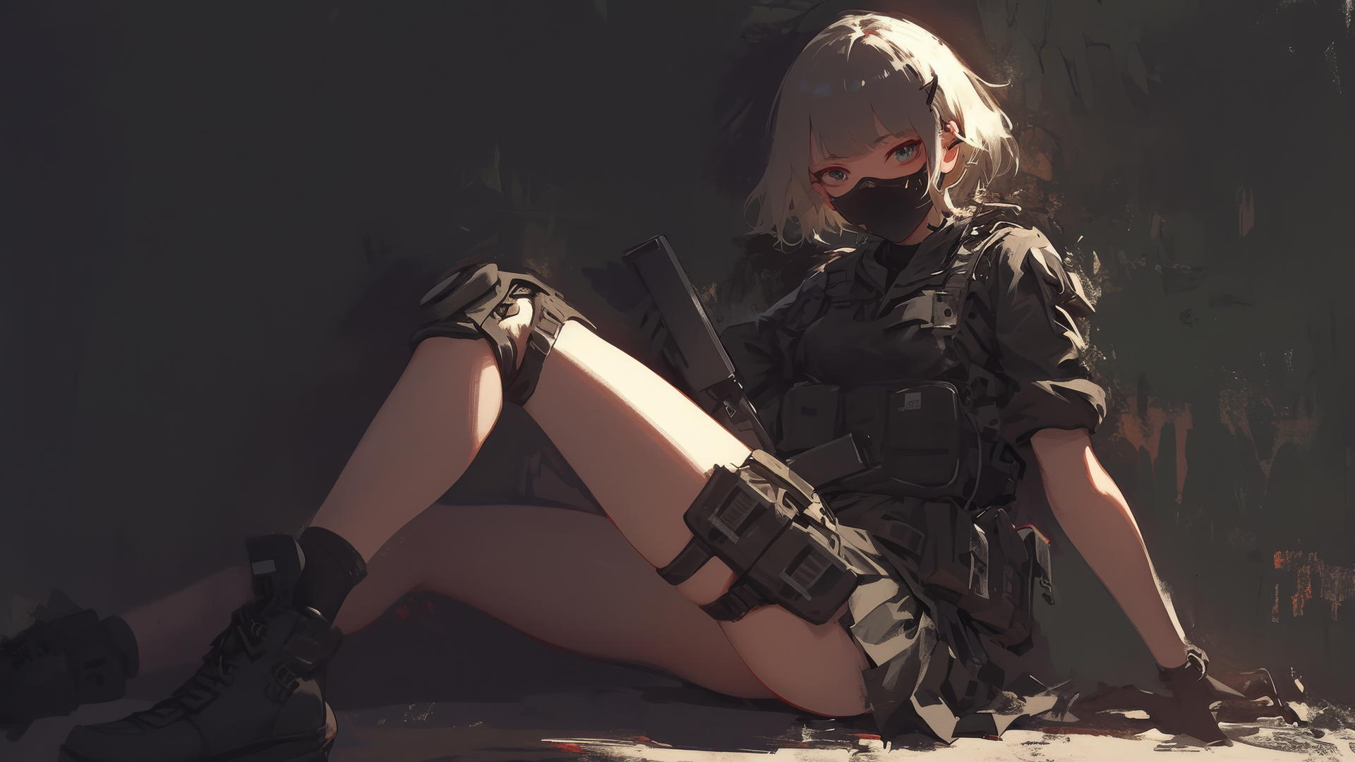 Tactical school girl with short hair and masked face in dynamic pose