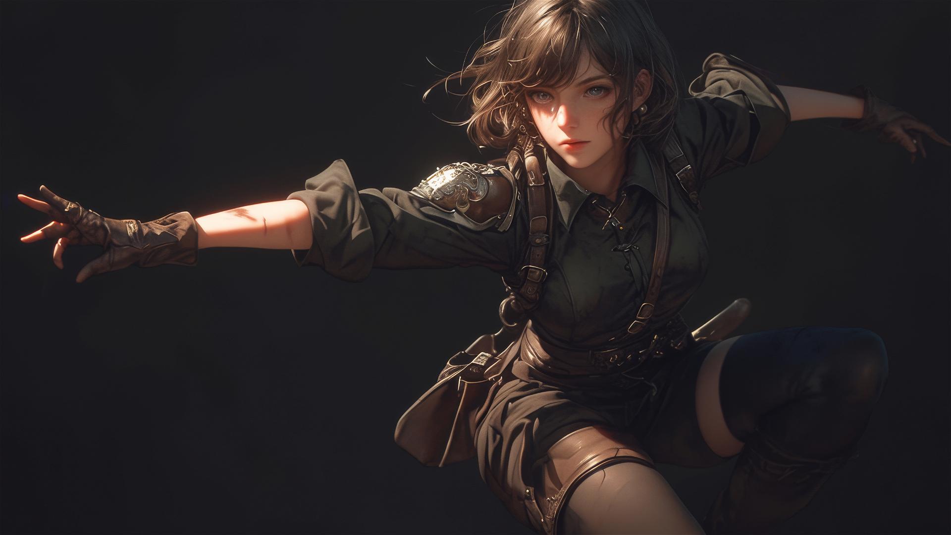 Steampunk Adventurer Girl in dynamic pose with thigh focus on dark background