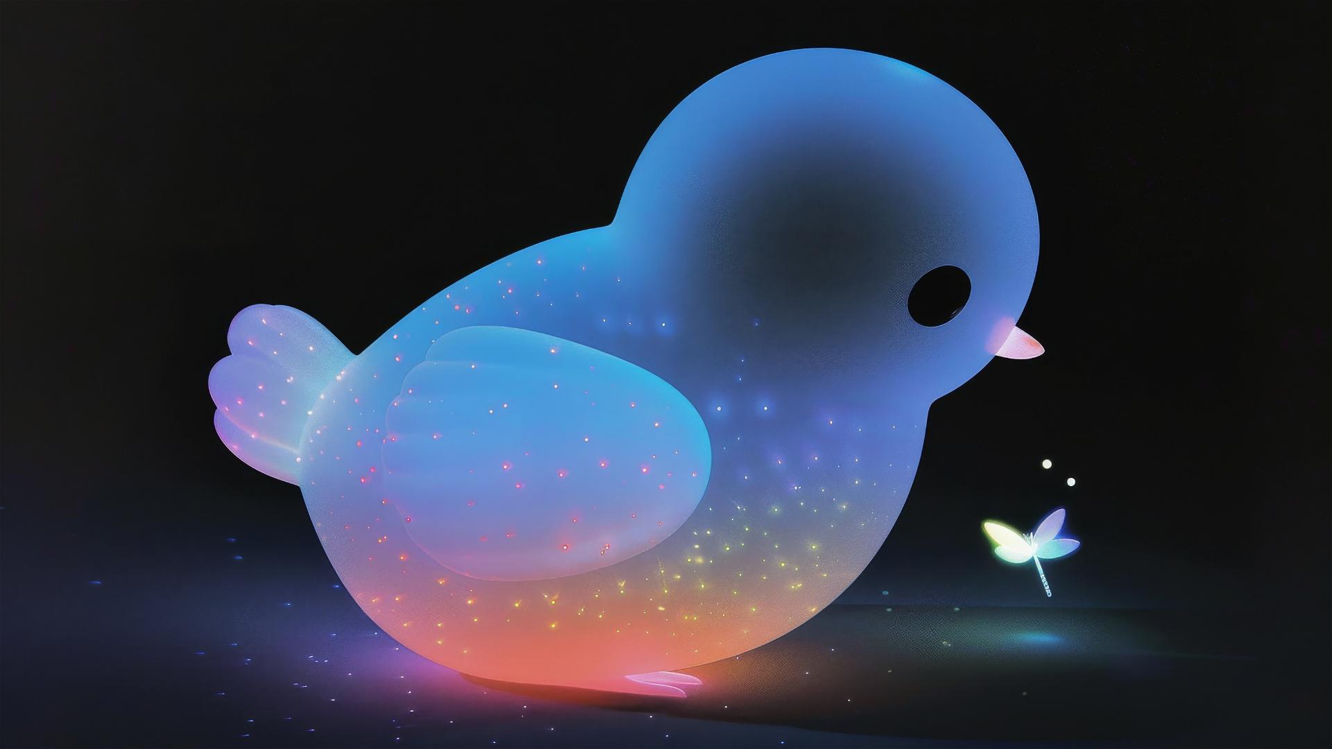 A massive crystal-clear chick bending over, extending a wing with a tiny luminous firefly on it, medium close-up