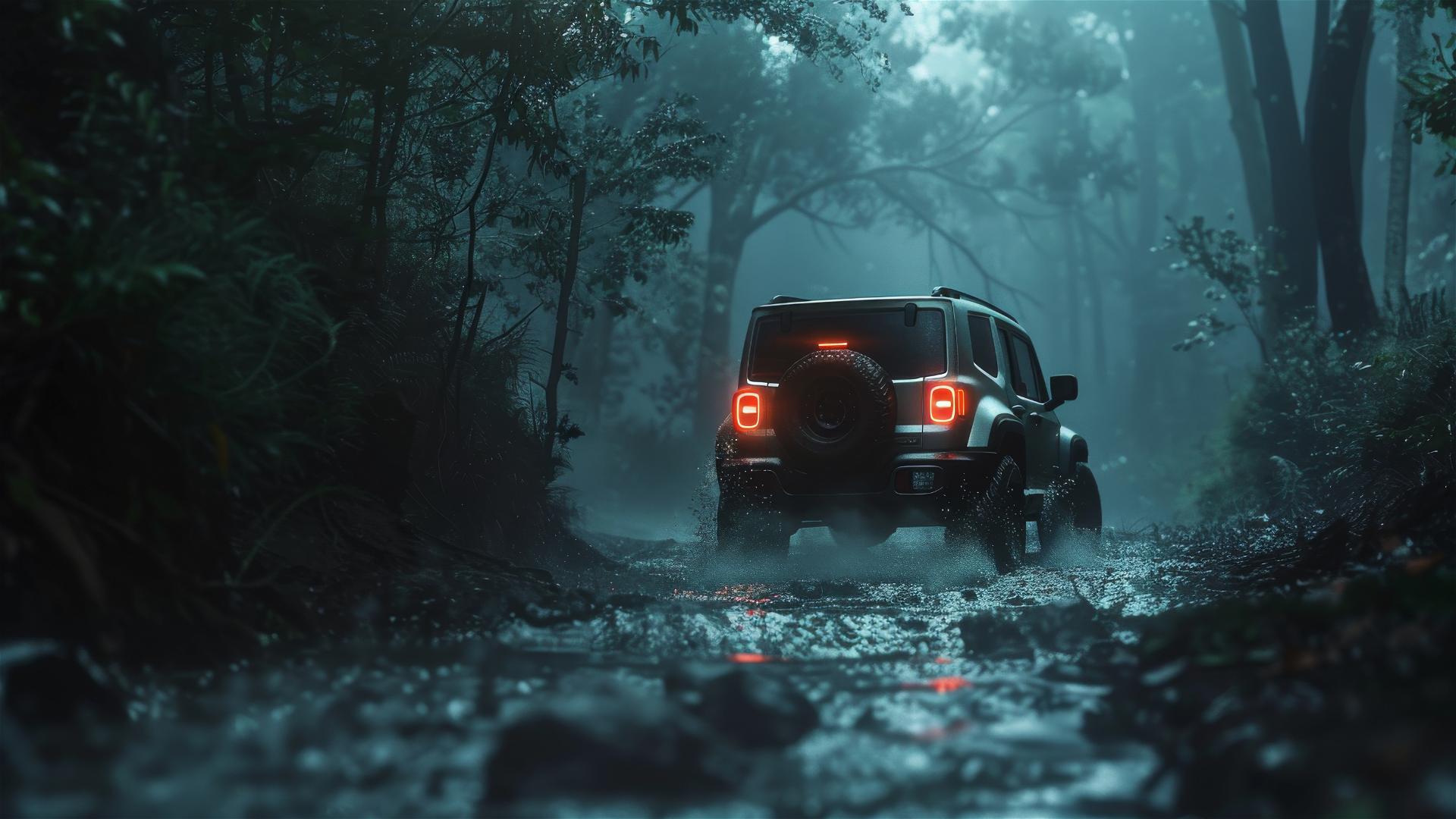 Closeup view of a jeep renegade in dim, gothic gloomy lighting, shrouded by fog, rendered in 8k photorealistic quality