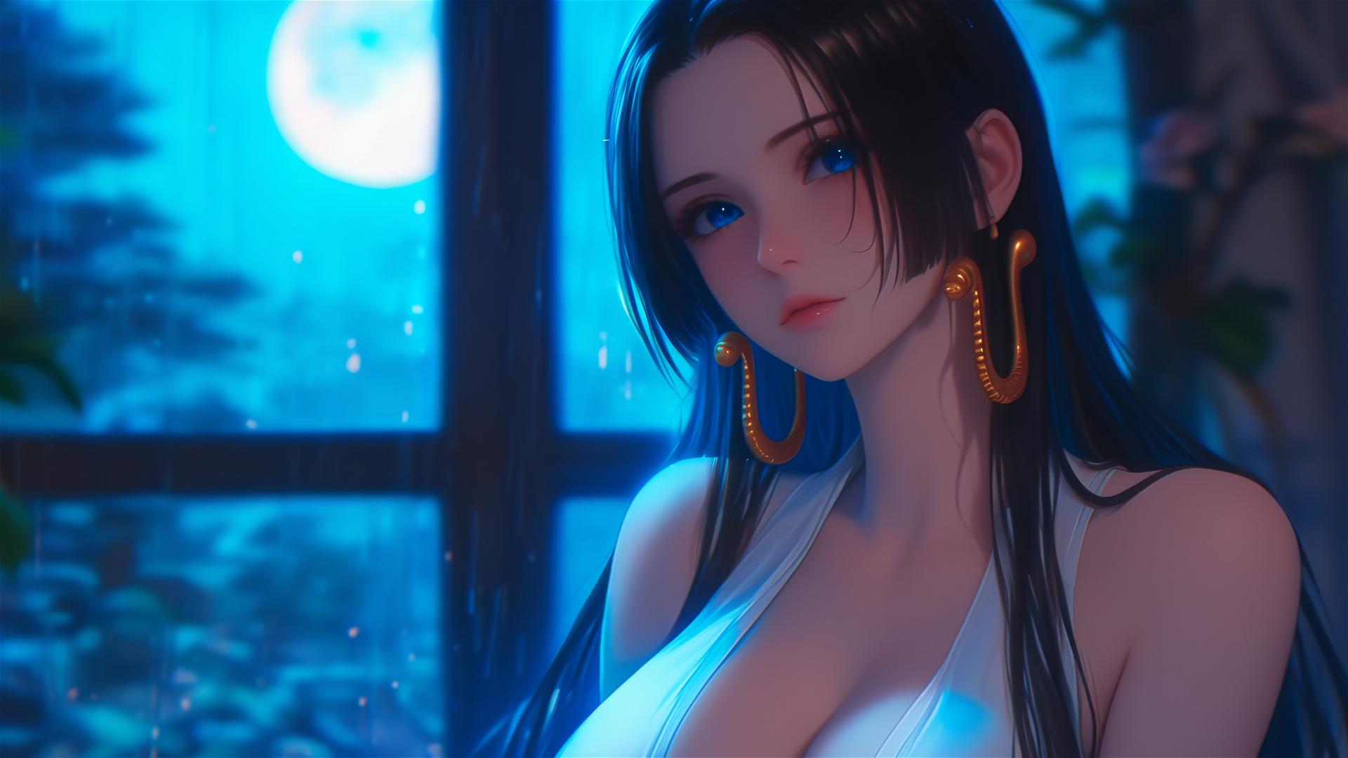 Boa Hancock from One Piece in moonlit apartment