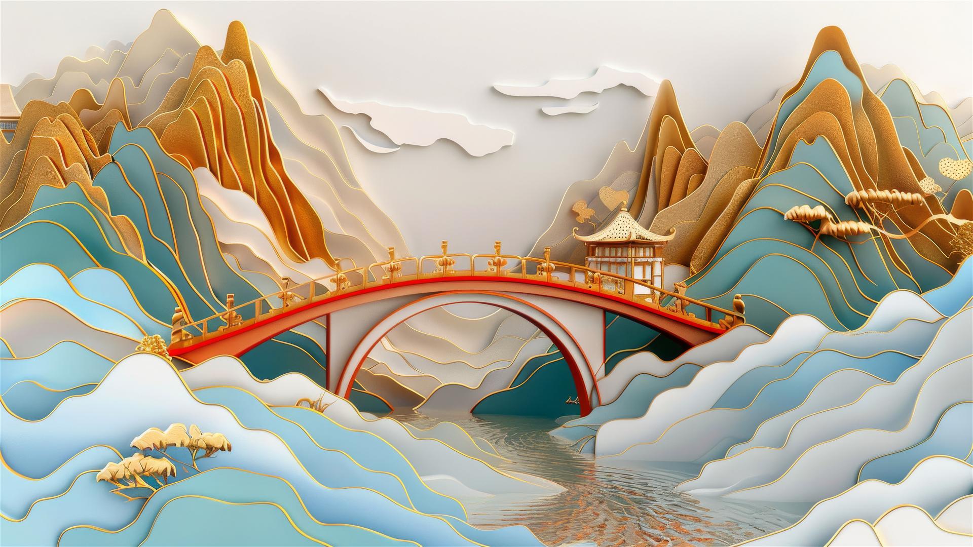 3D Asian painting of golden mountains with a bridge over a blue stream in paper carving style