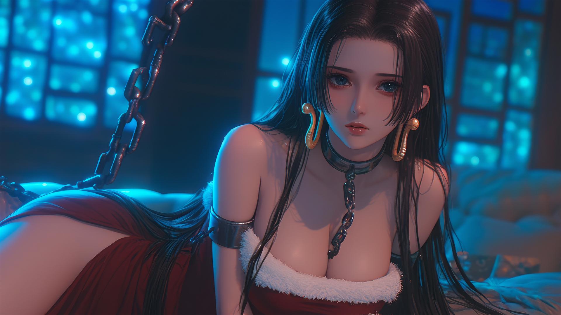 Boa Hancock in a Christmas costume chained in a modern hotel room with neon lights