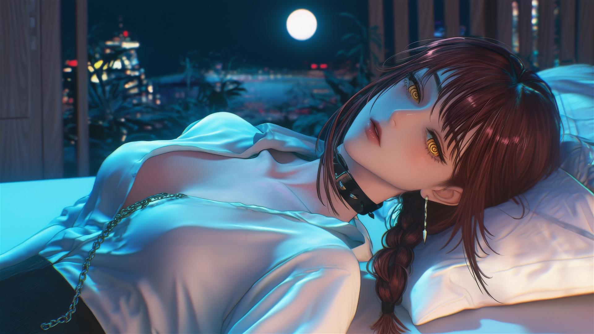Makima from Chainsaw Man, neck locked with thick iron chains, resting in a hotel room with moonlight glow.