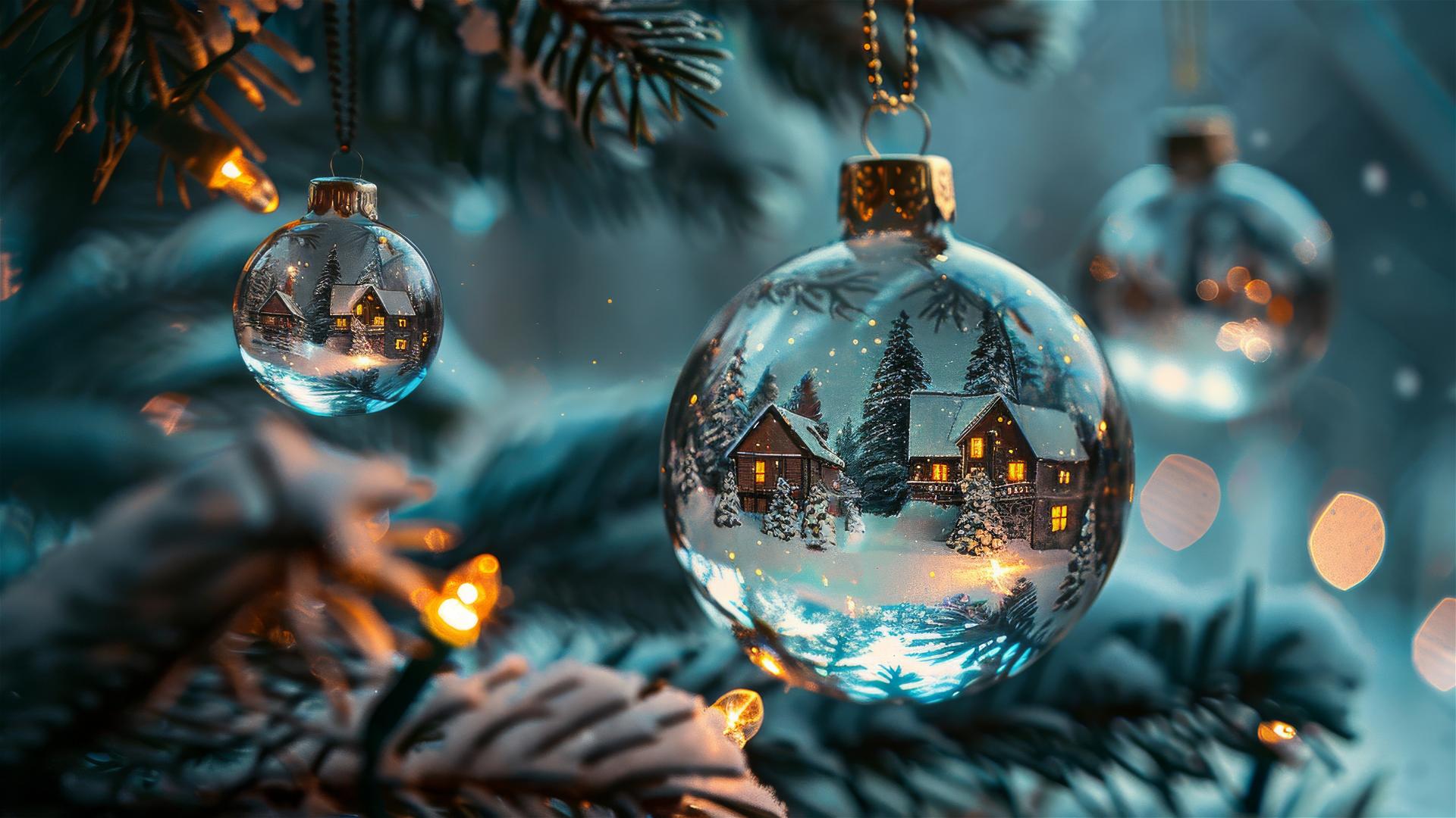 Glass Christmas balls hanging on a tree with snowy villages inside