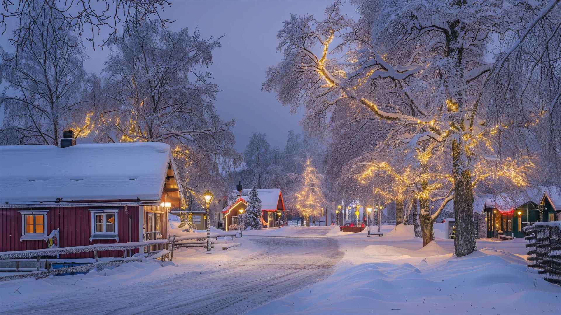 Starry Nordic night with auroras, Santa's village, reindeer, sleds and mountains