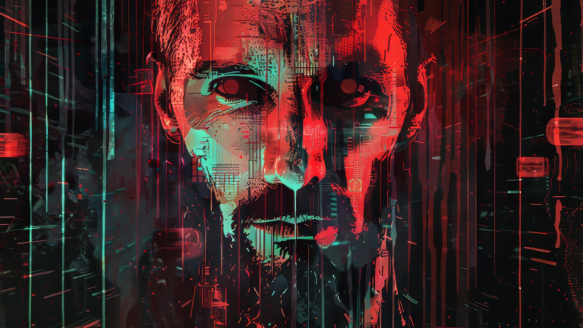 Creepy VHS glitch collage of a bearded man with red cybernetic eyes against a dark backdrop