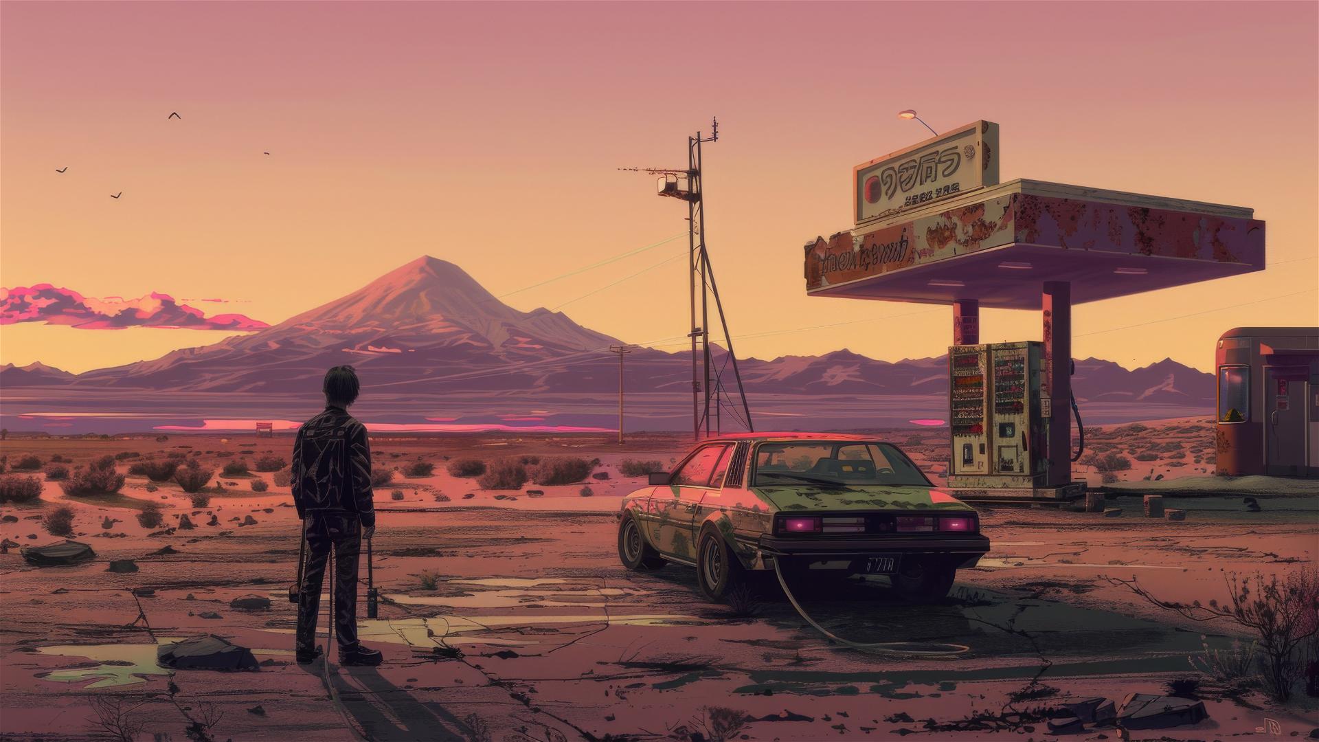 Man stands next to car at abandoned gas station in desert with Mount Hood.