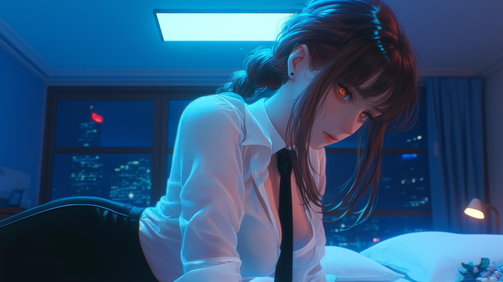 Makima from Chainsaw Man kneeling under neon hotel light