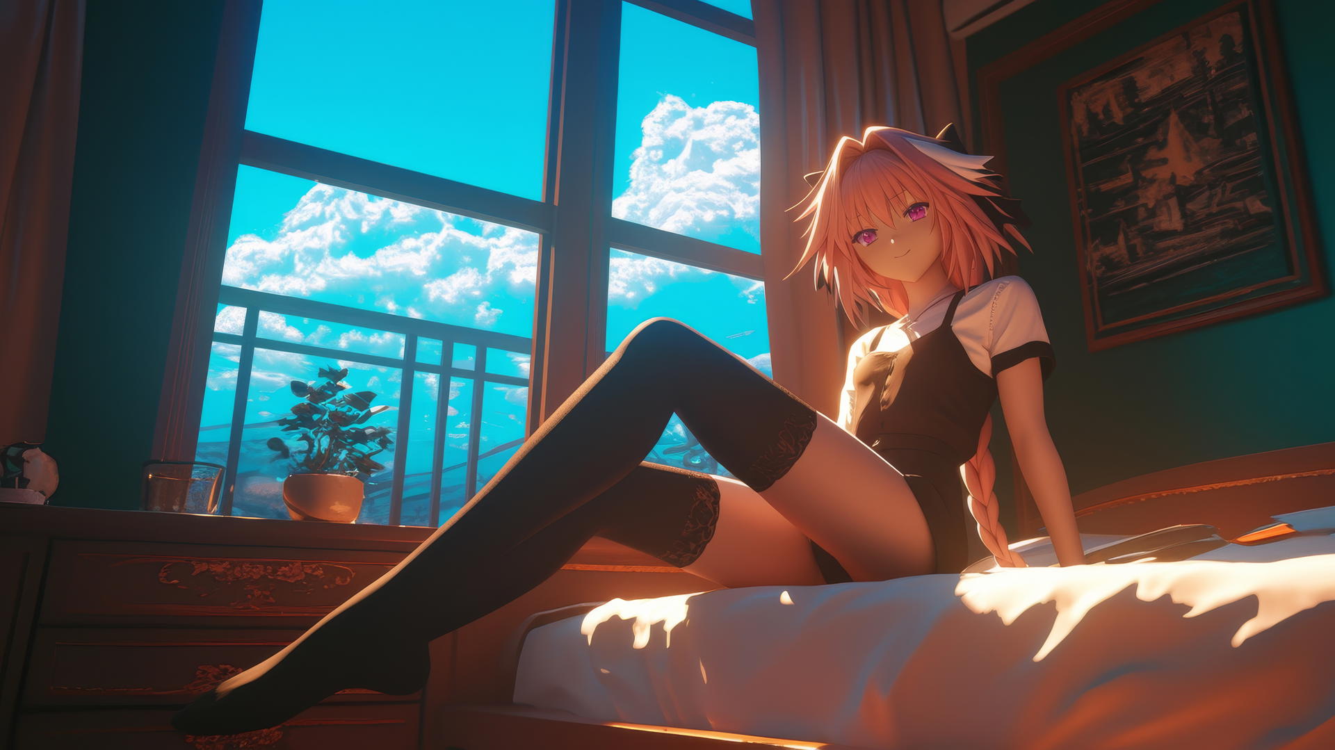 Astolfo from Type Moon resting in a modern hotel room with moonlight glow