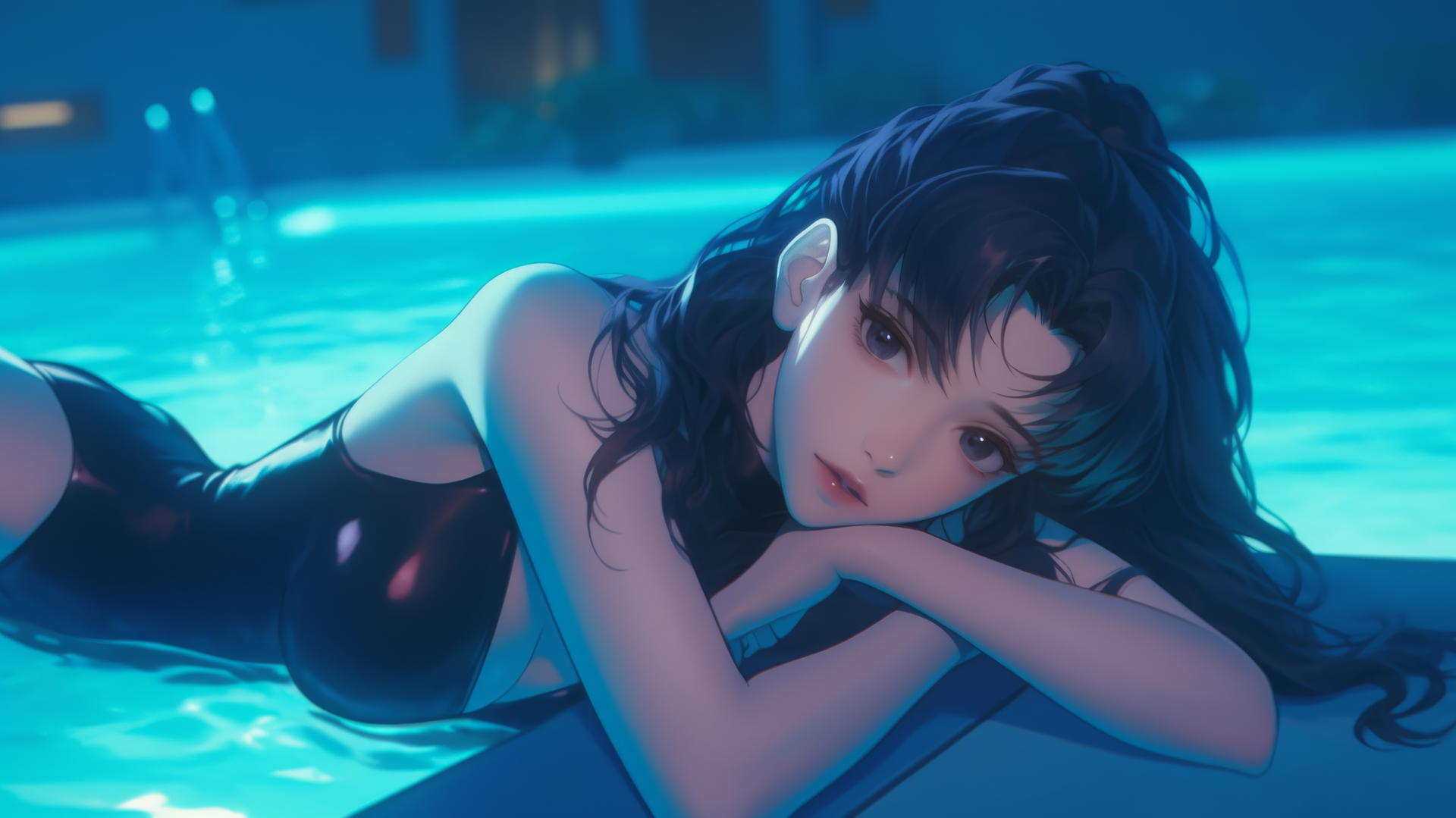 Misato Katsuragi with wavy dark violet hair and dark brown eyes, resting by a pool in moonlight.