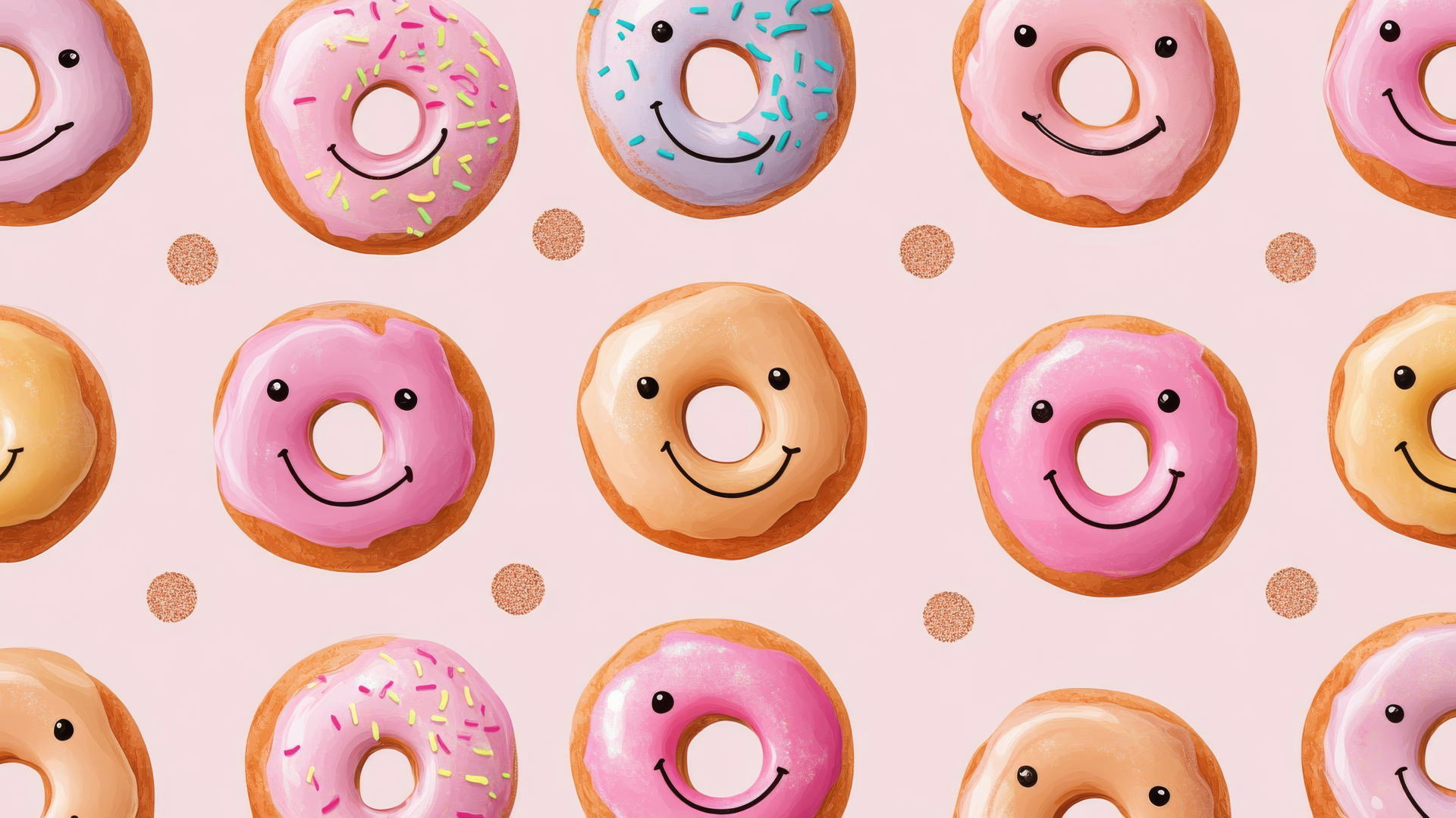 Pink preppy wallpaper with smiley face donuts and rose gold accents