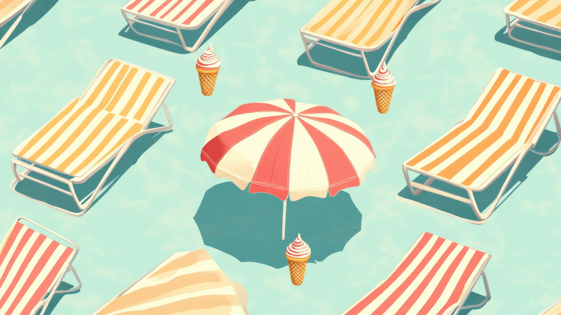 preppy beach wallpaper with striped umbrellas, lounge chairs, and ice cream cones on turquoise