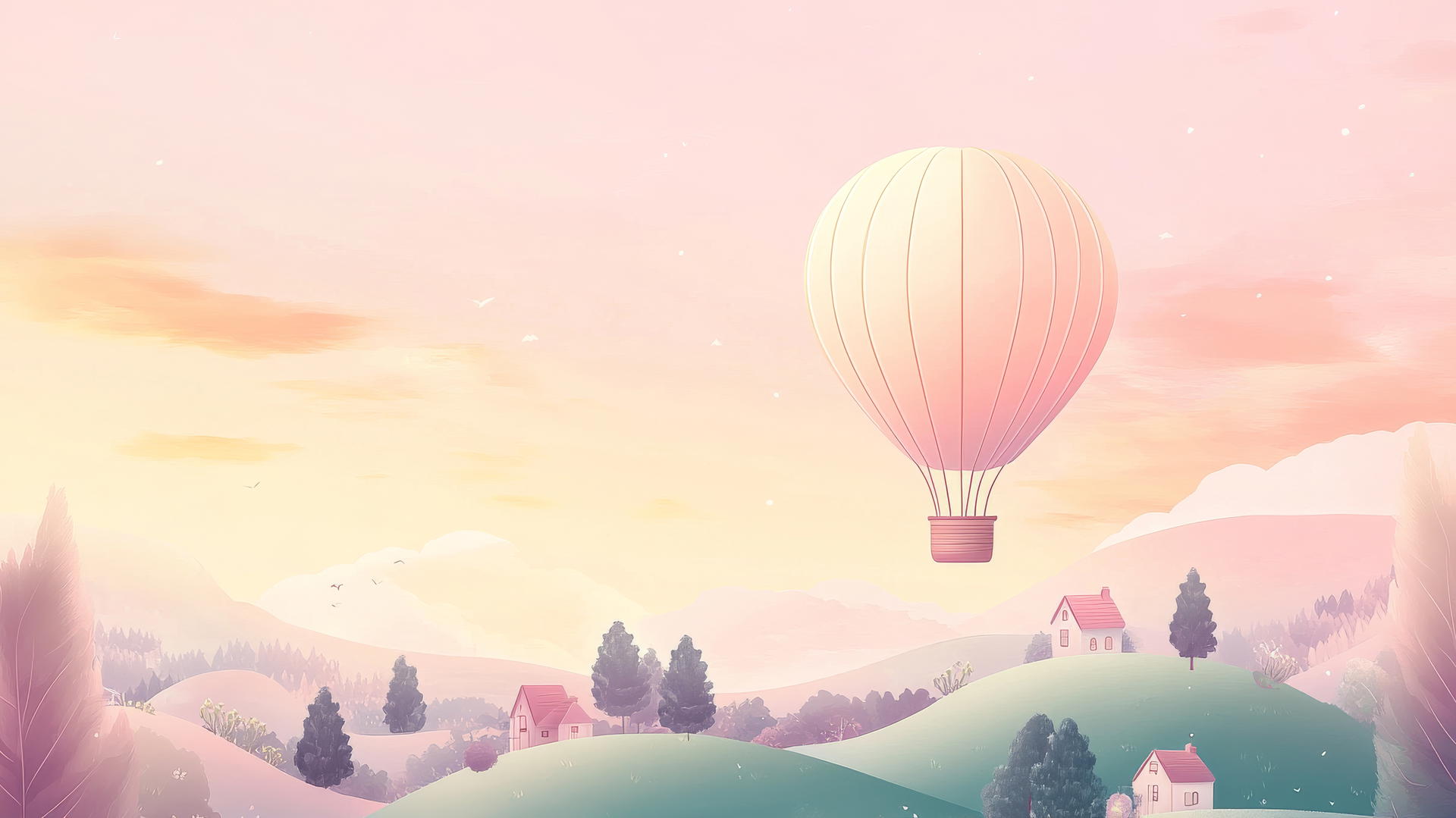 Cute aesthetic wallpaper with pastel hot air balloon over hills at sunrise
